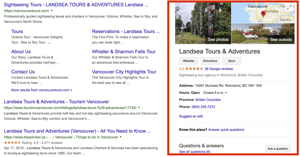 An example of tour operator improving SEO by making use of Google My Business Listing.