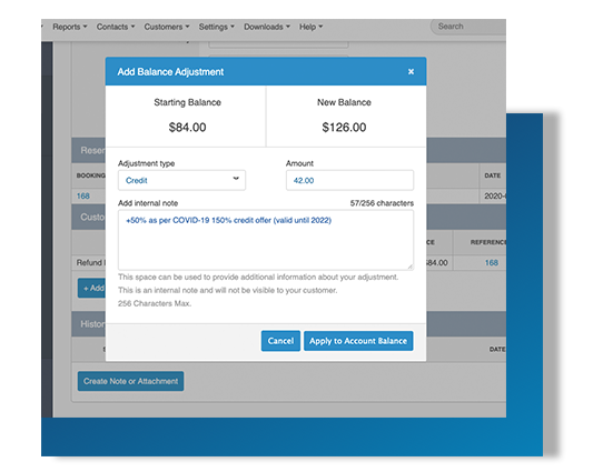 A screenshot of how customer credit balance works in Zaui online booking system fro tour operators