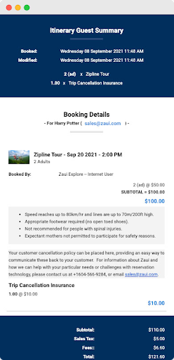 Screenshot email notification sent from Zaui reservation system