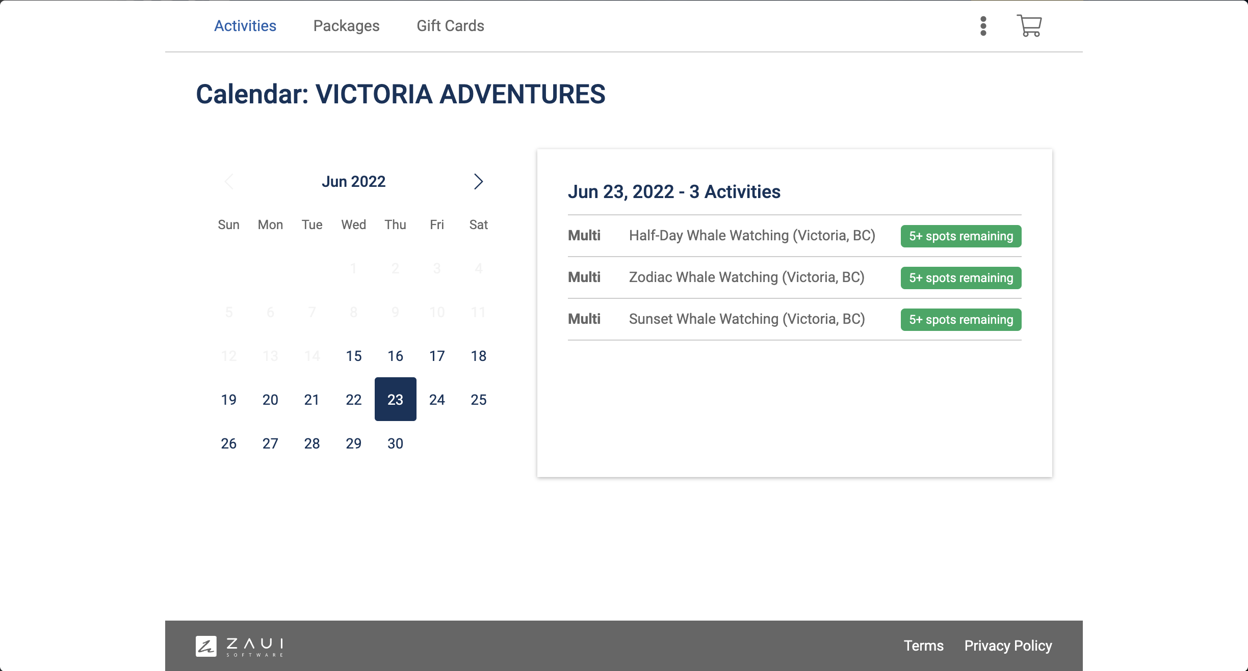 Calendar view of activies on Prince of Whales website powered by Zaui online booking system