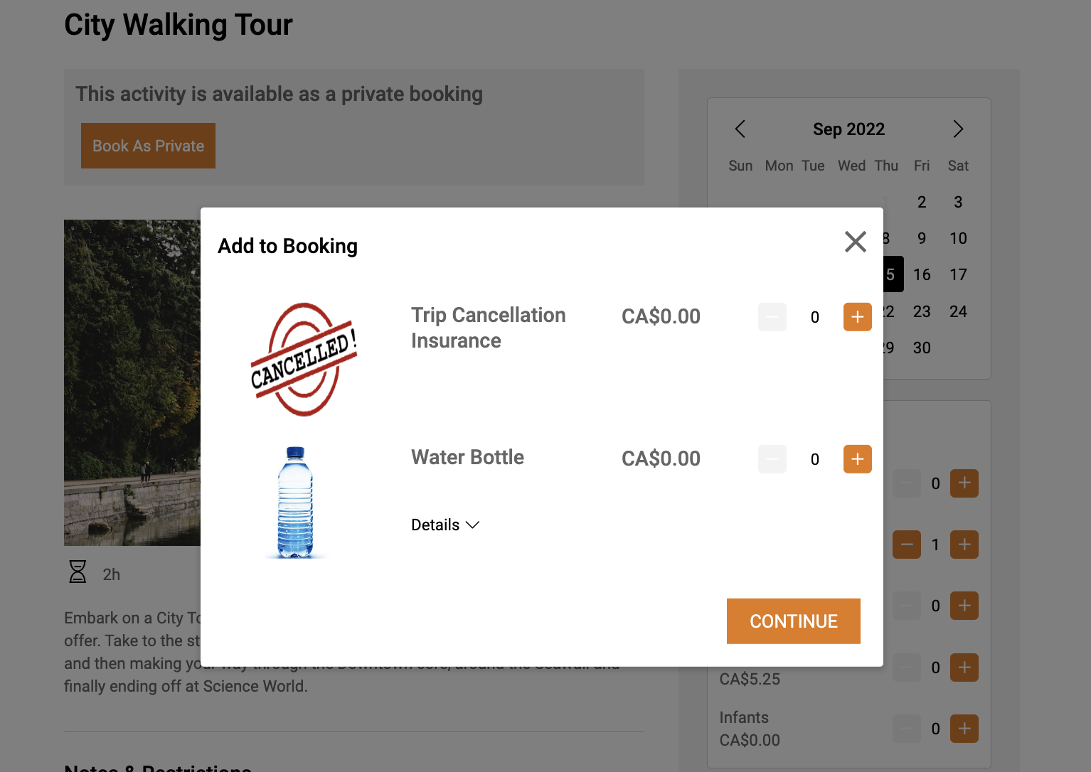 A screenshot of upselling feature from Zaui online booking software