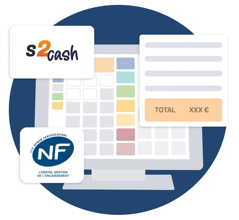 Illustration d’un écran d’ordinateur avec un logiciel de caisse certifié NF et le logo s2cash.