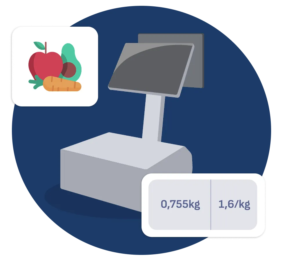 Balance électronique avec icône de fruits et légumes et affichage poids 0,755 kg prix 1,6€/kg