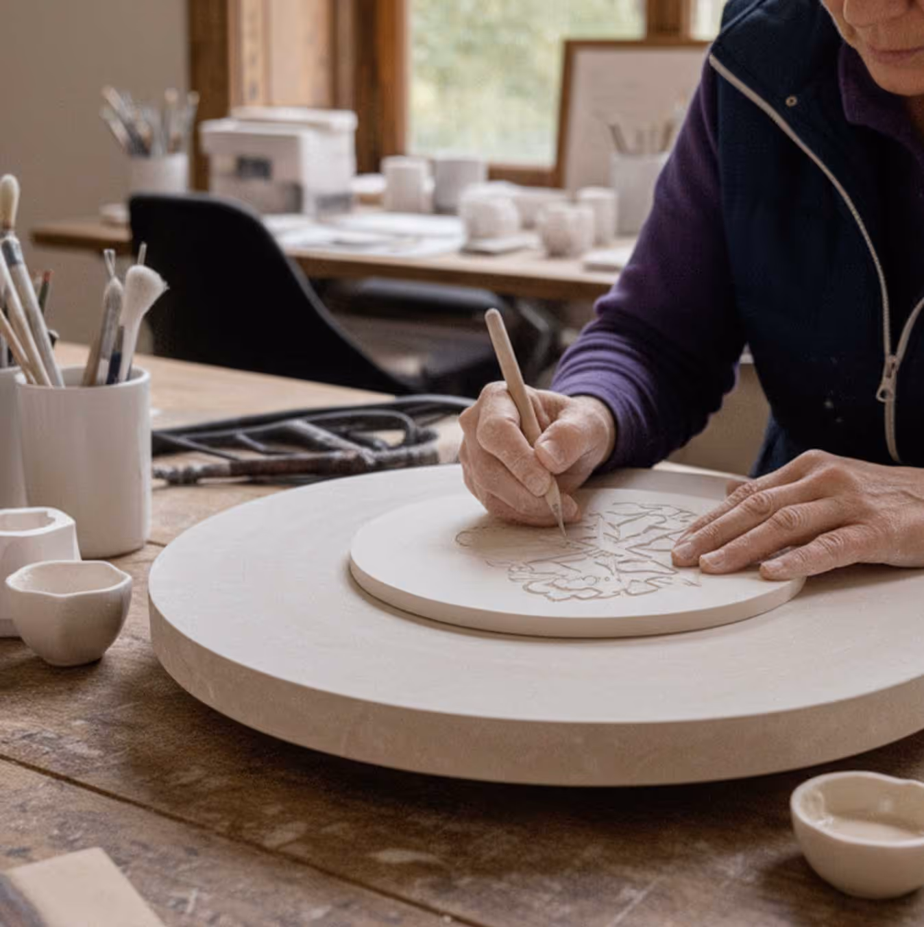 Un artisan Pillivuyt grave un motif floral sur une plaque ronde en céramique dans un atelier de poterie.