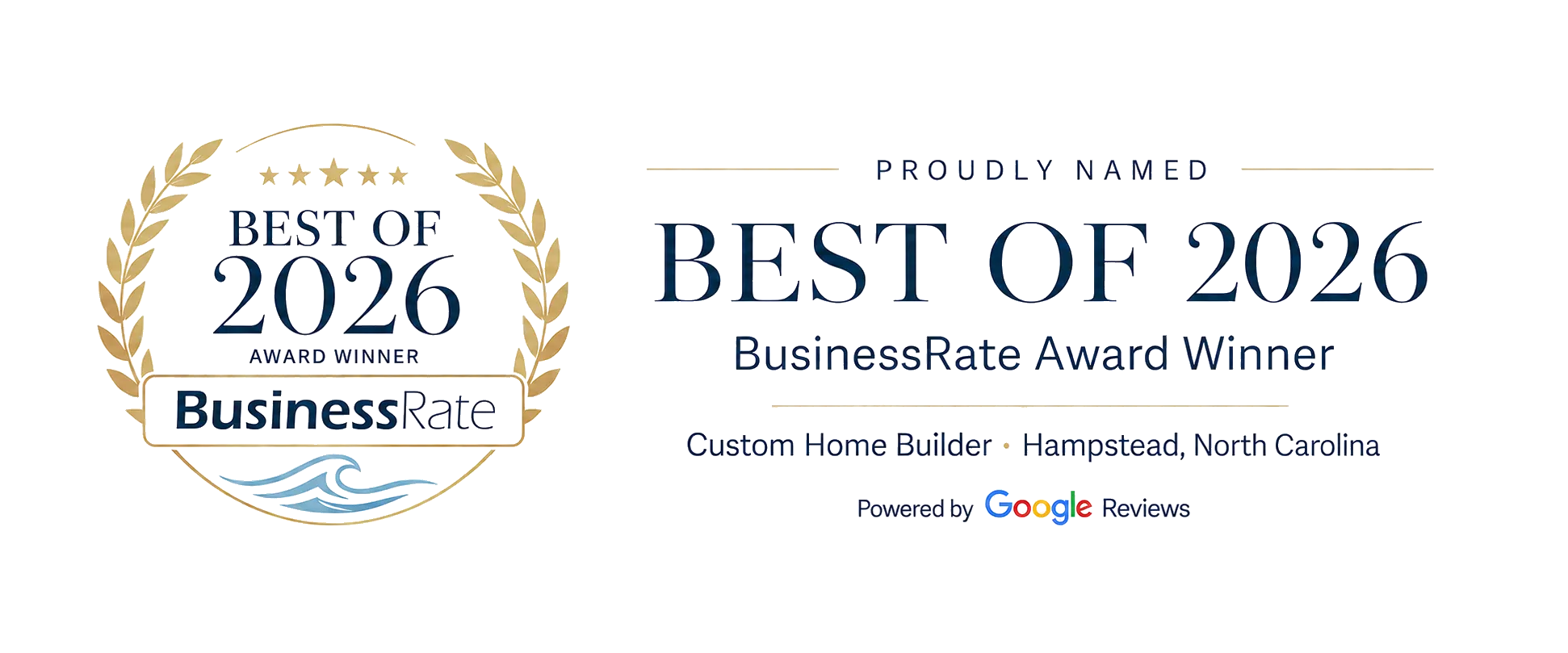 Best of 2026 BusinessRate Award Winner banner for a custom home builder in Hampstead, North Carolina