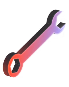 3D illustration of a red and purple wrench with an open end and a ring end.