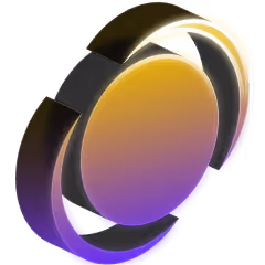 3D abstract circular shape with gradient colors transitioning from gold to purple, featuring curved segments around a central disc.