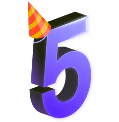 Purple 3D number 5 wearing a red and yellow striped party hat.