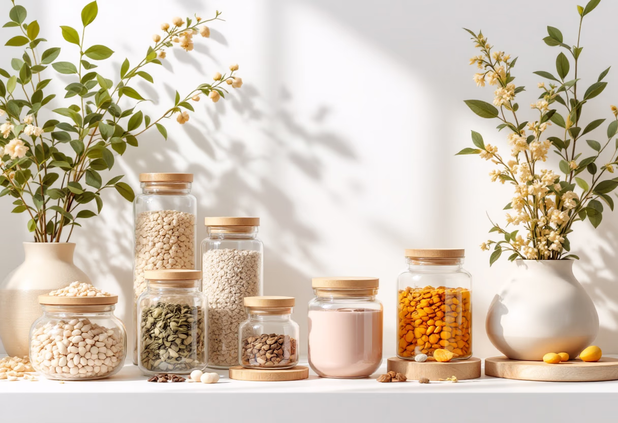 image of a modern herbal medicine display with traditional chinese ingredients for an acupuncture clinic