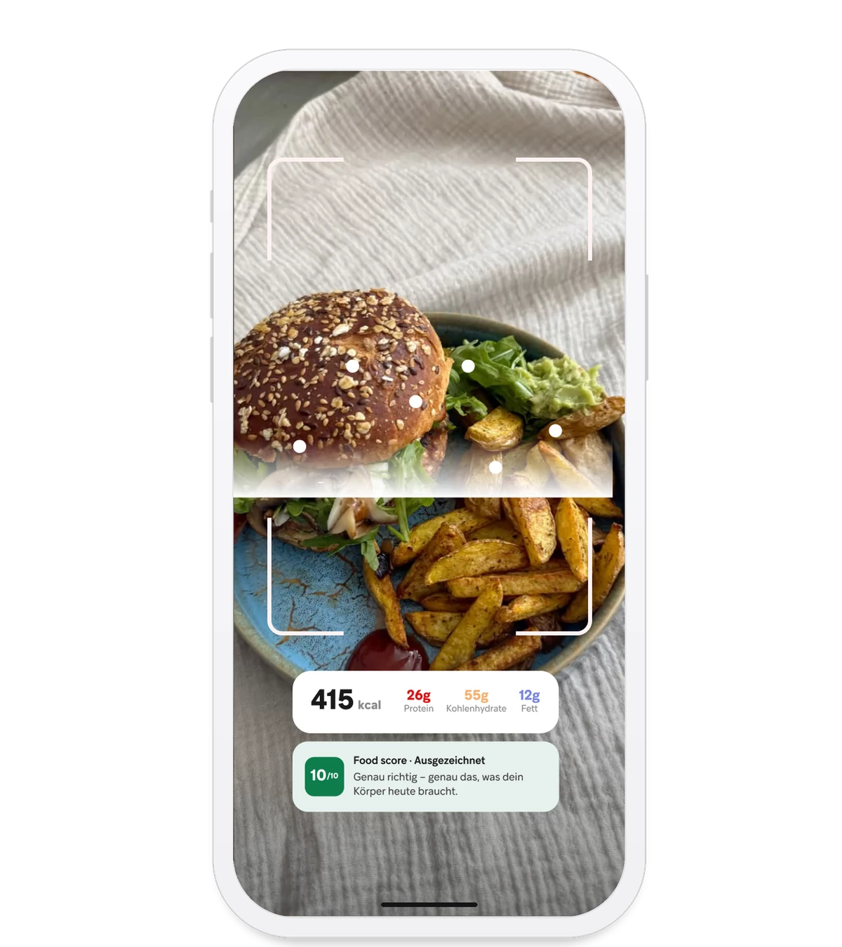 Gymondo App: Food Scan eines Burgers mit Kalorien, Makros und Food Score