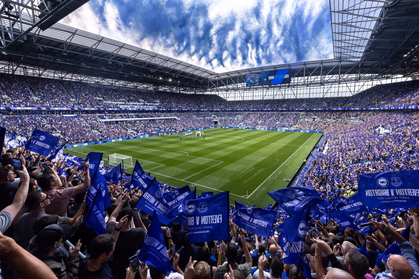 Everton's Hill Dickinson Stadium full with flags and fans.