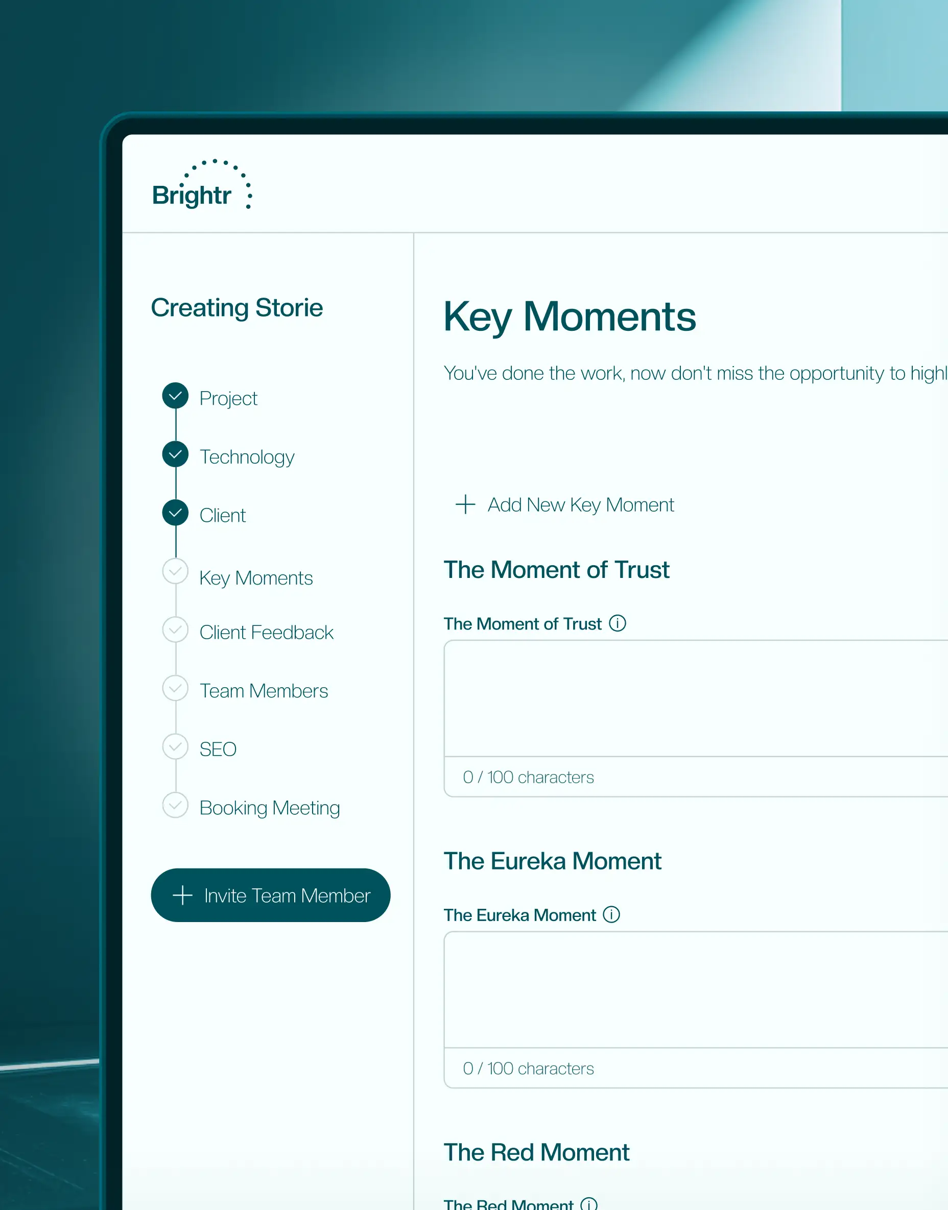 Brightr story builder — “Key Moments” step for case structure