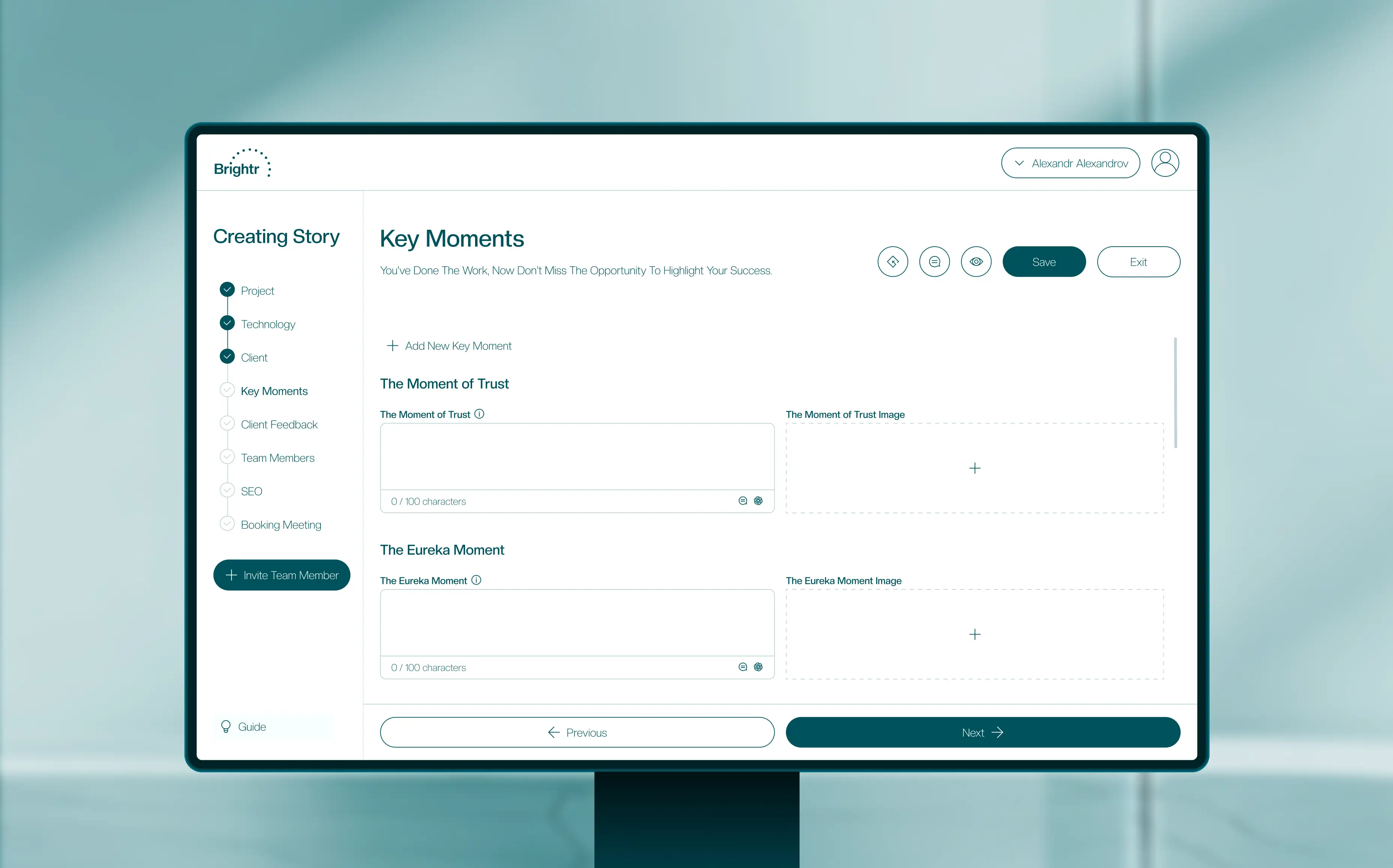 Brightr story builder — Key Moments step and chapter fields