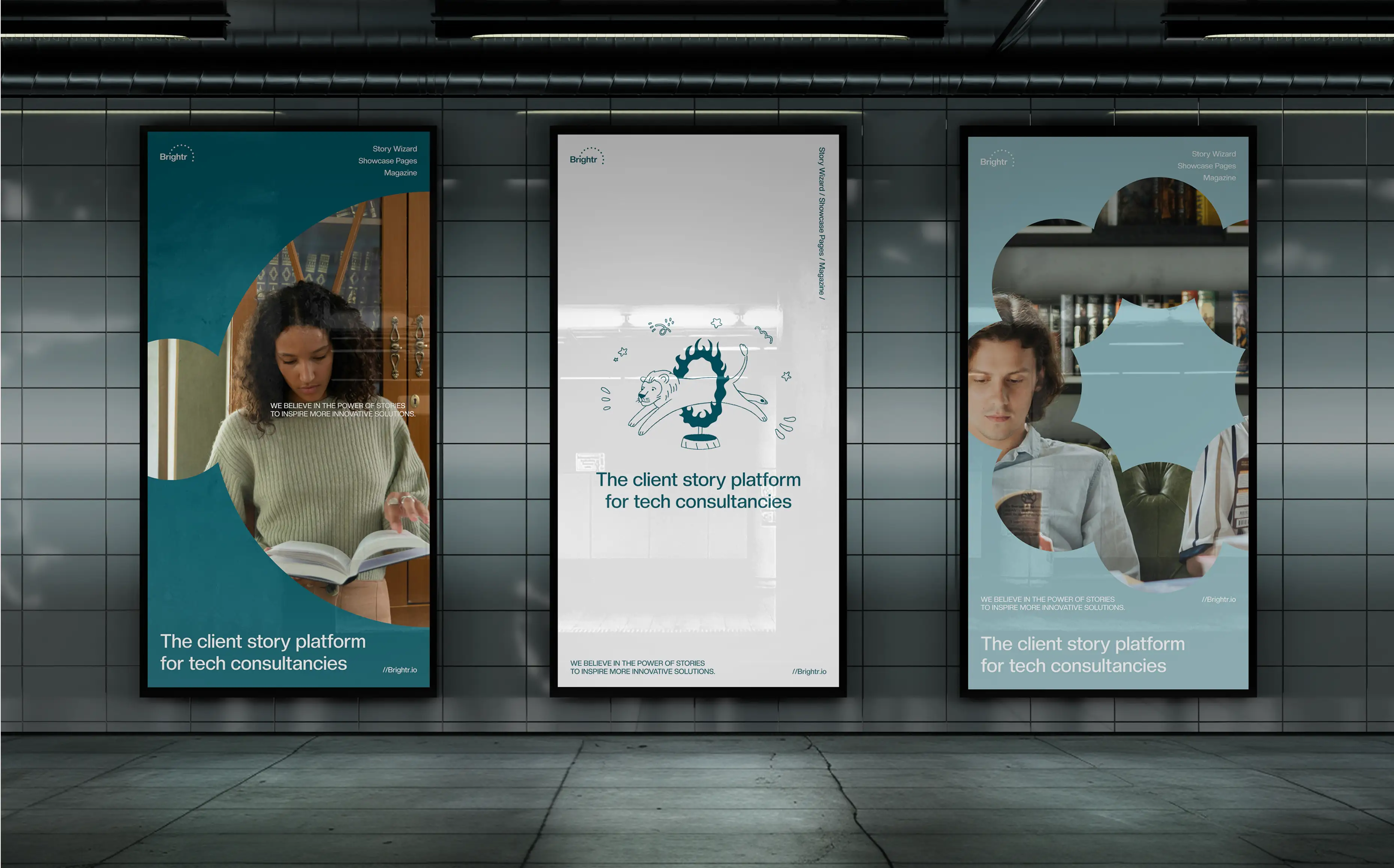 Brightr OOH posters — “client story platform” campaign visuals