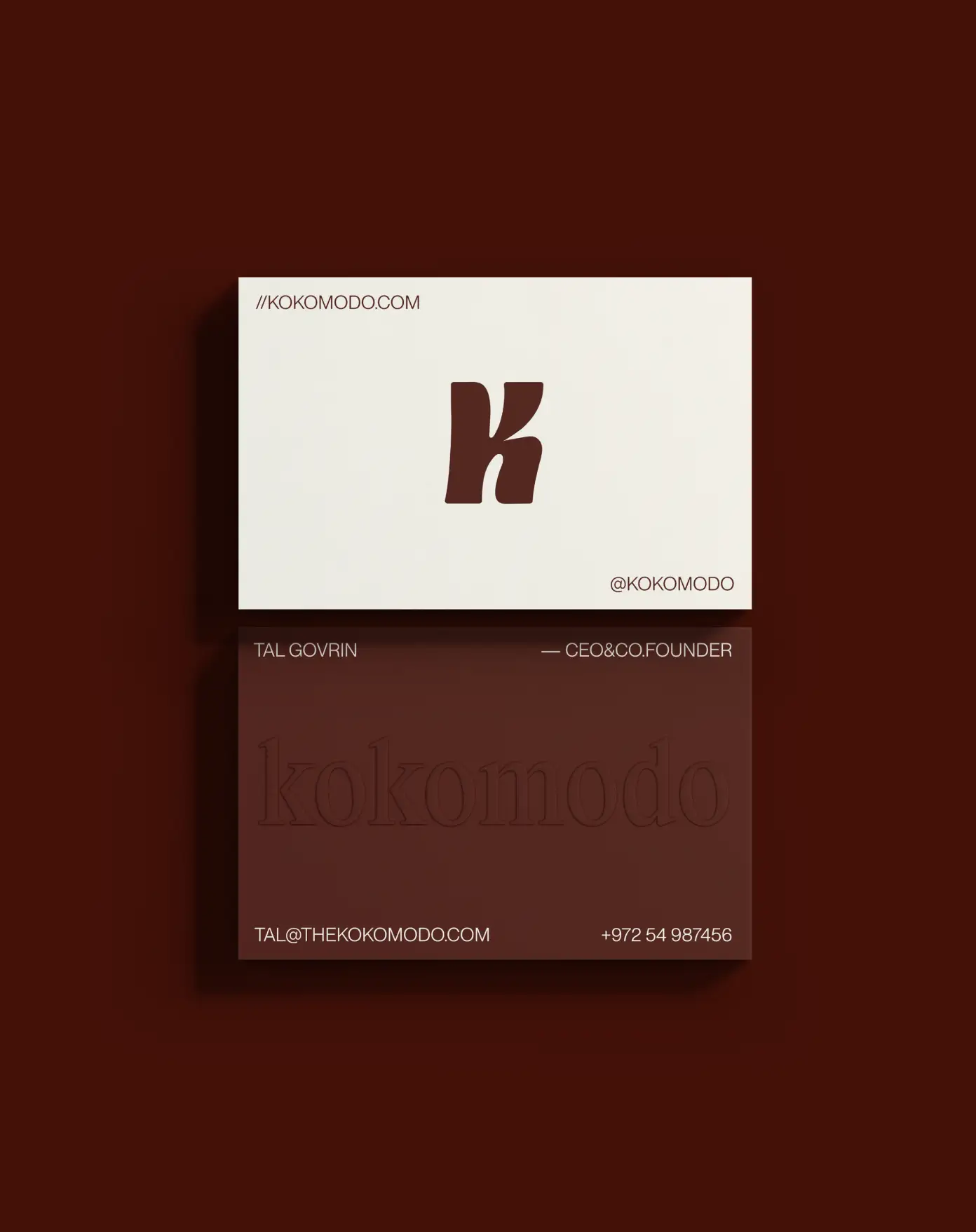 Kokomodo business cards — FoodTech identity with embossed wordmark
