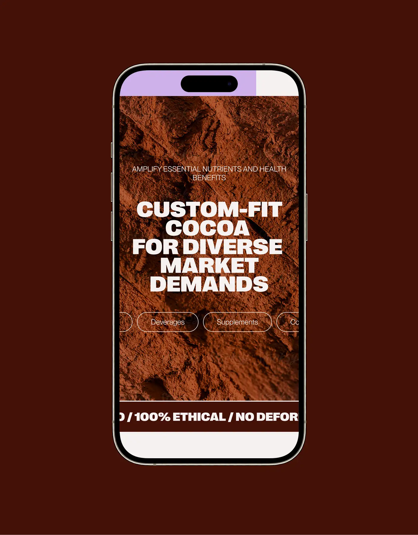 Kokomodo mobile site — “custom-fit cocoa” for market demands