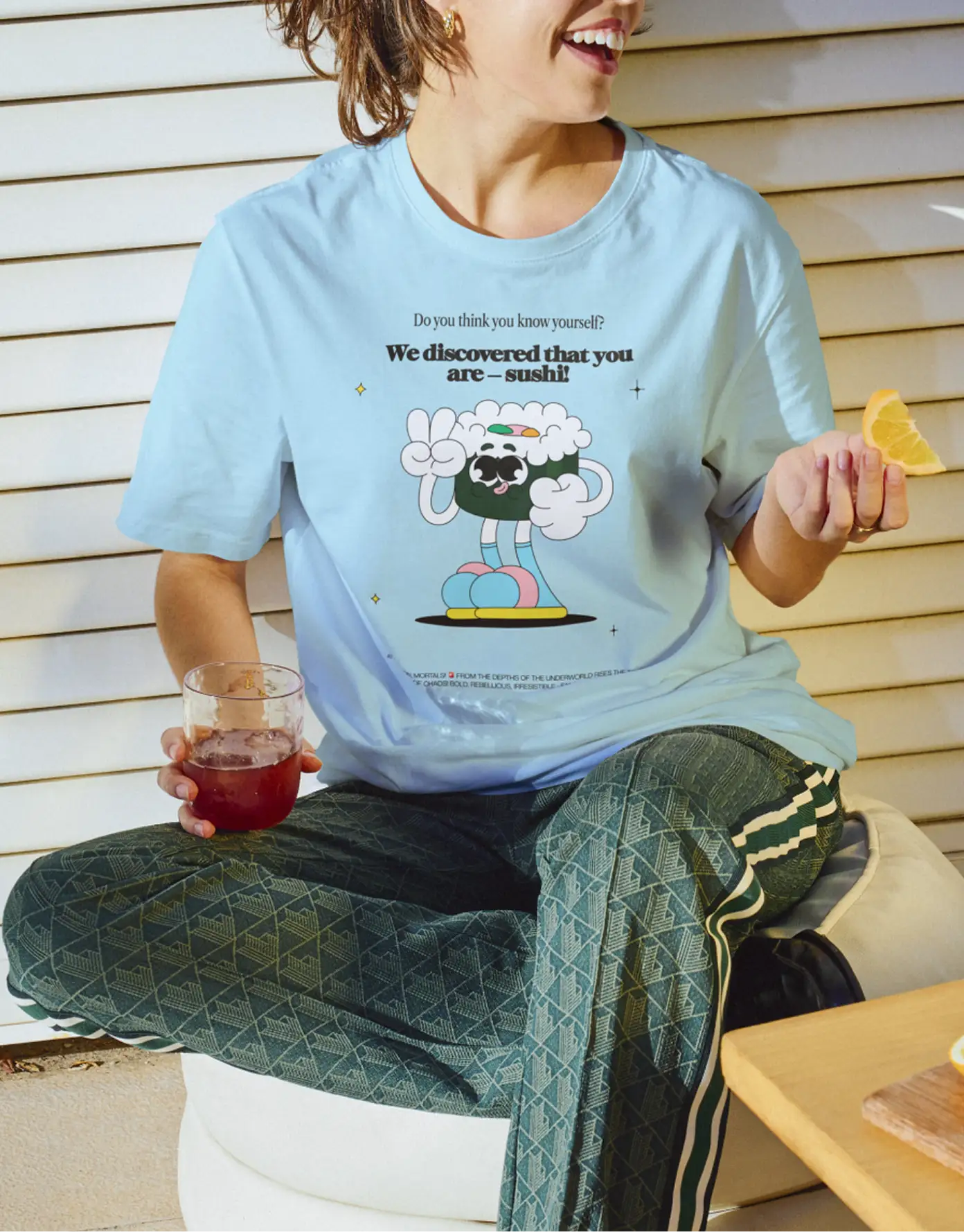 Lolafel T-shirt — “Sushi” character print on blue tee