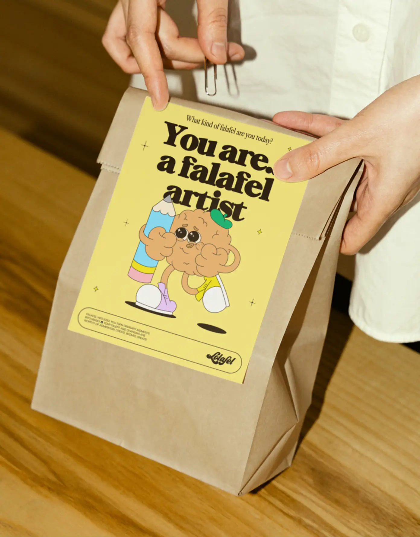 Lolafel paper bag — “You are a falafel artist” label design