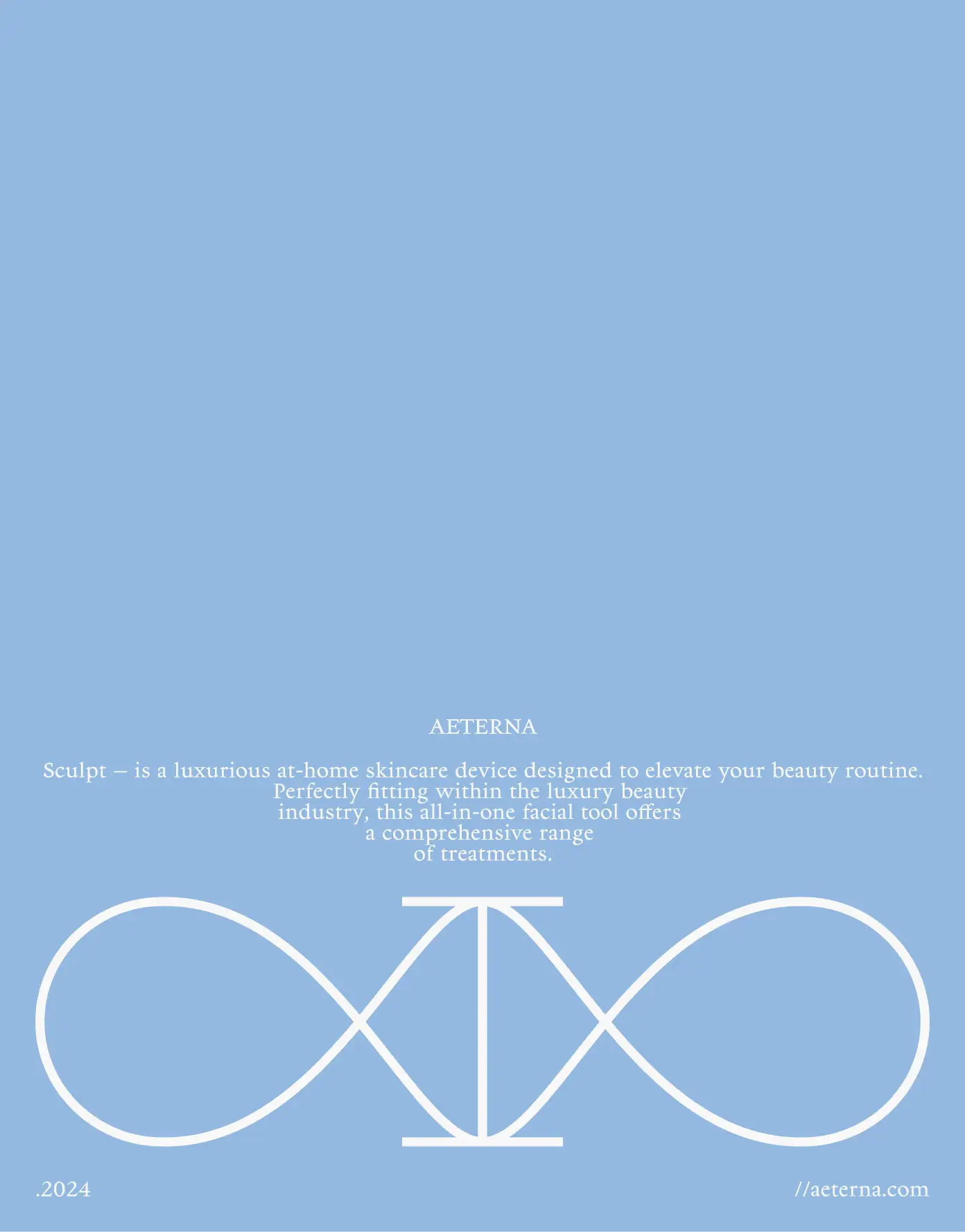 Aeterna brand panel — mineral-blue card with infinity monogram