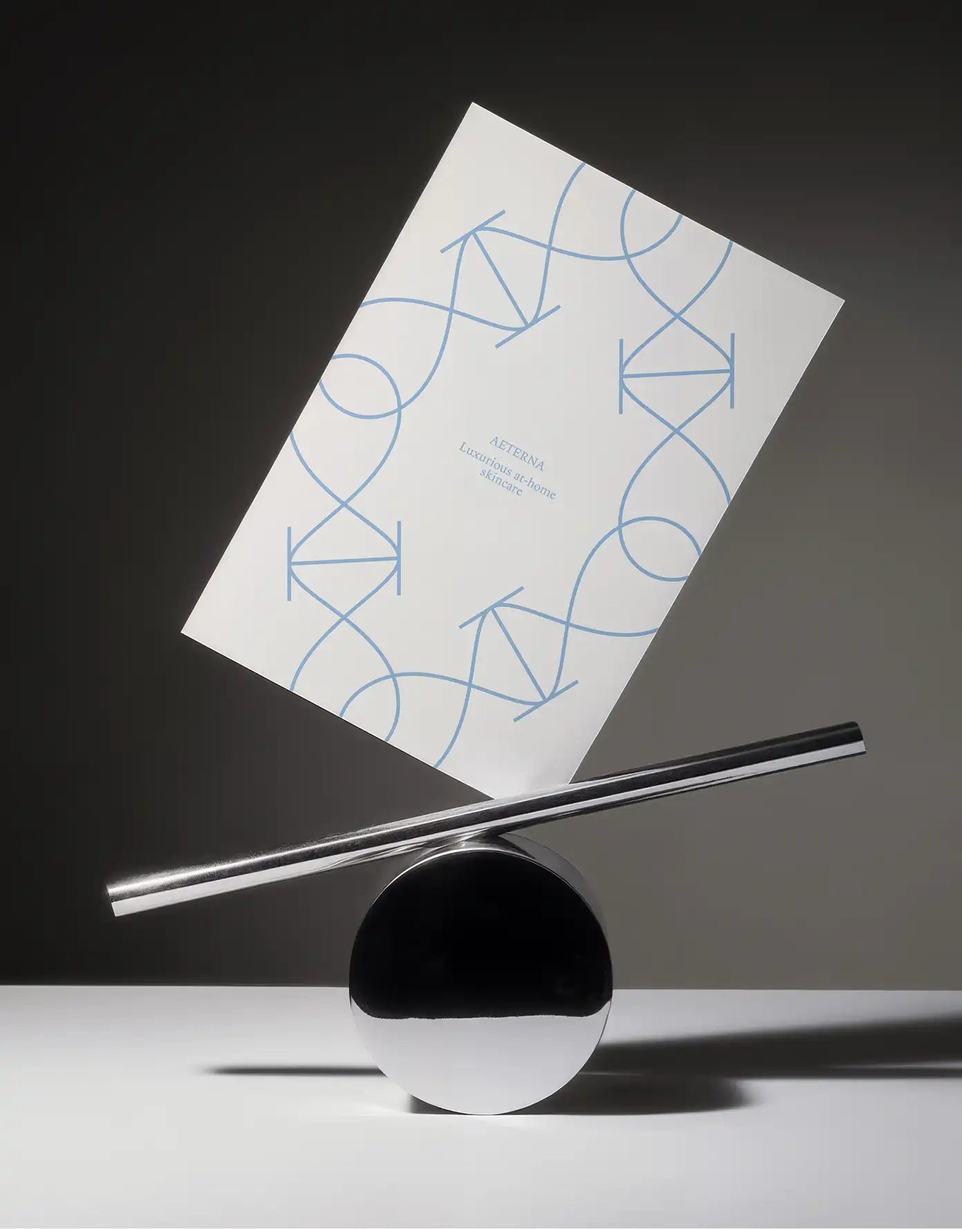 Brand guidelines poster — infinity pattern on studio stand