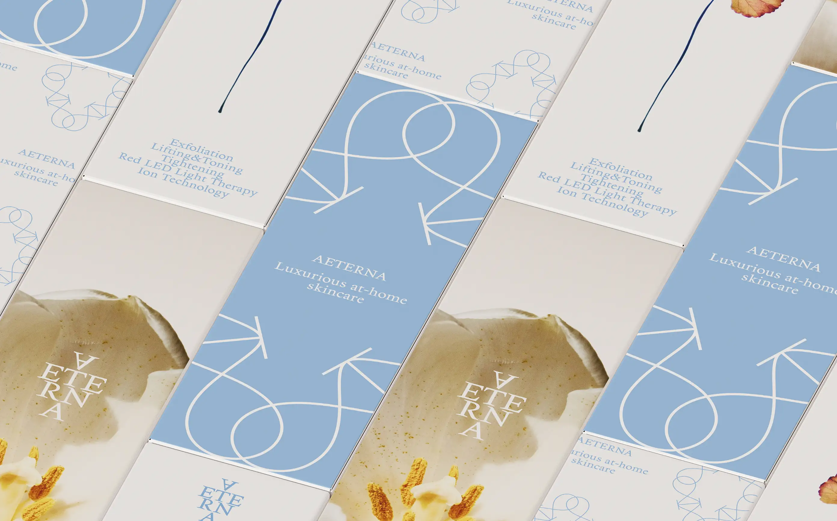 Packaging system grid — mineral-blue boxes with lily motif