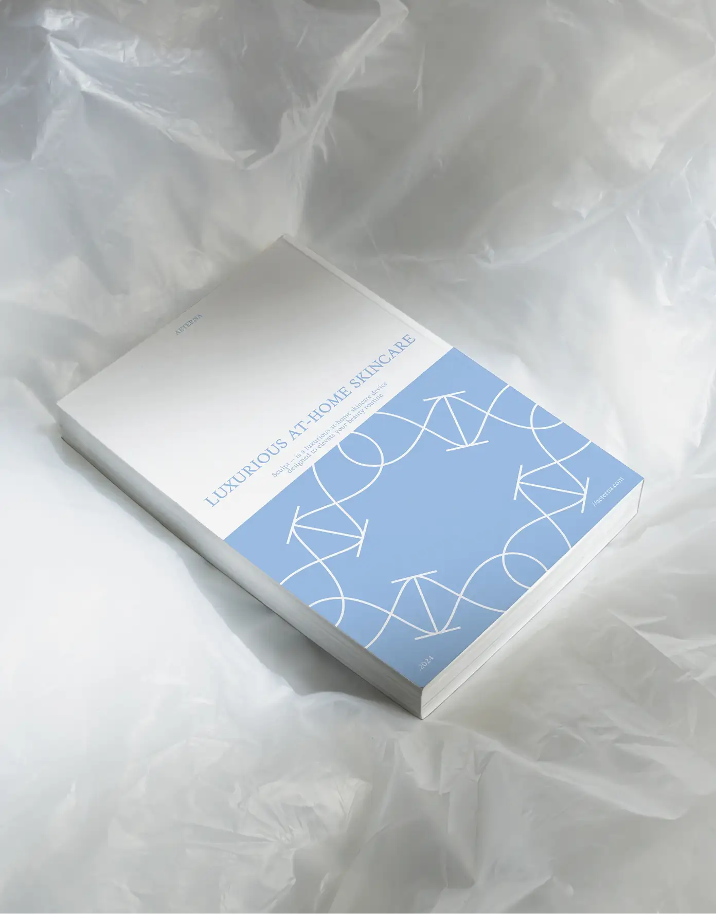 Aeterna brand book — mineral-blue cover with infinity pattern