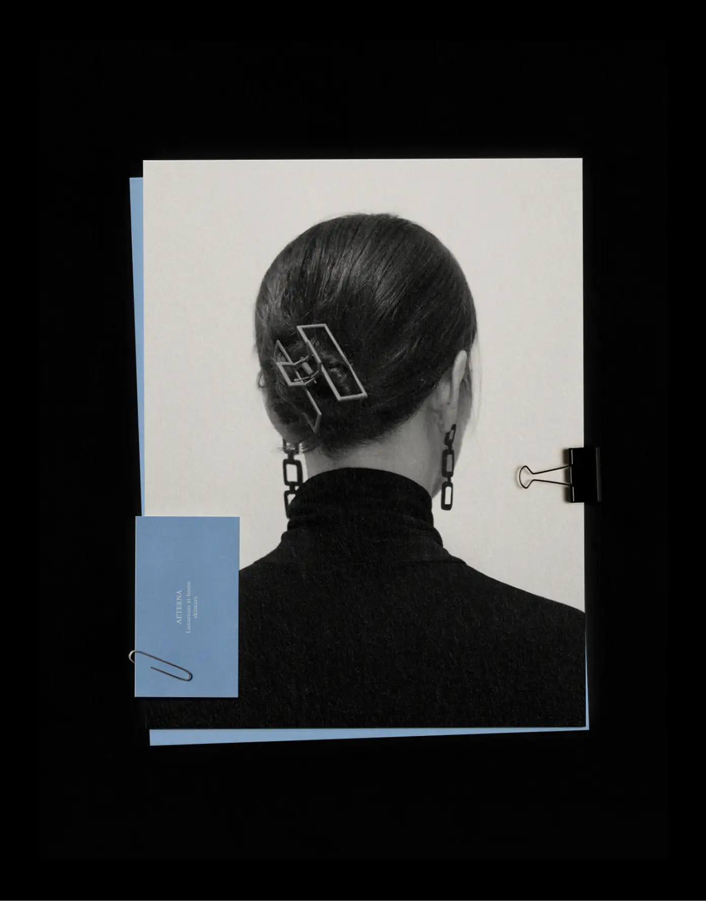 Lookbook sheet — back-of-head with hair clip, minimal style