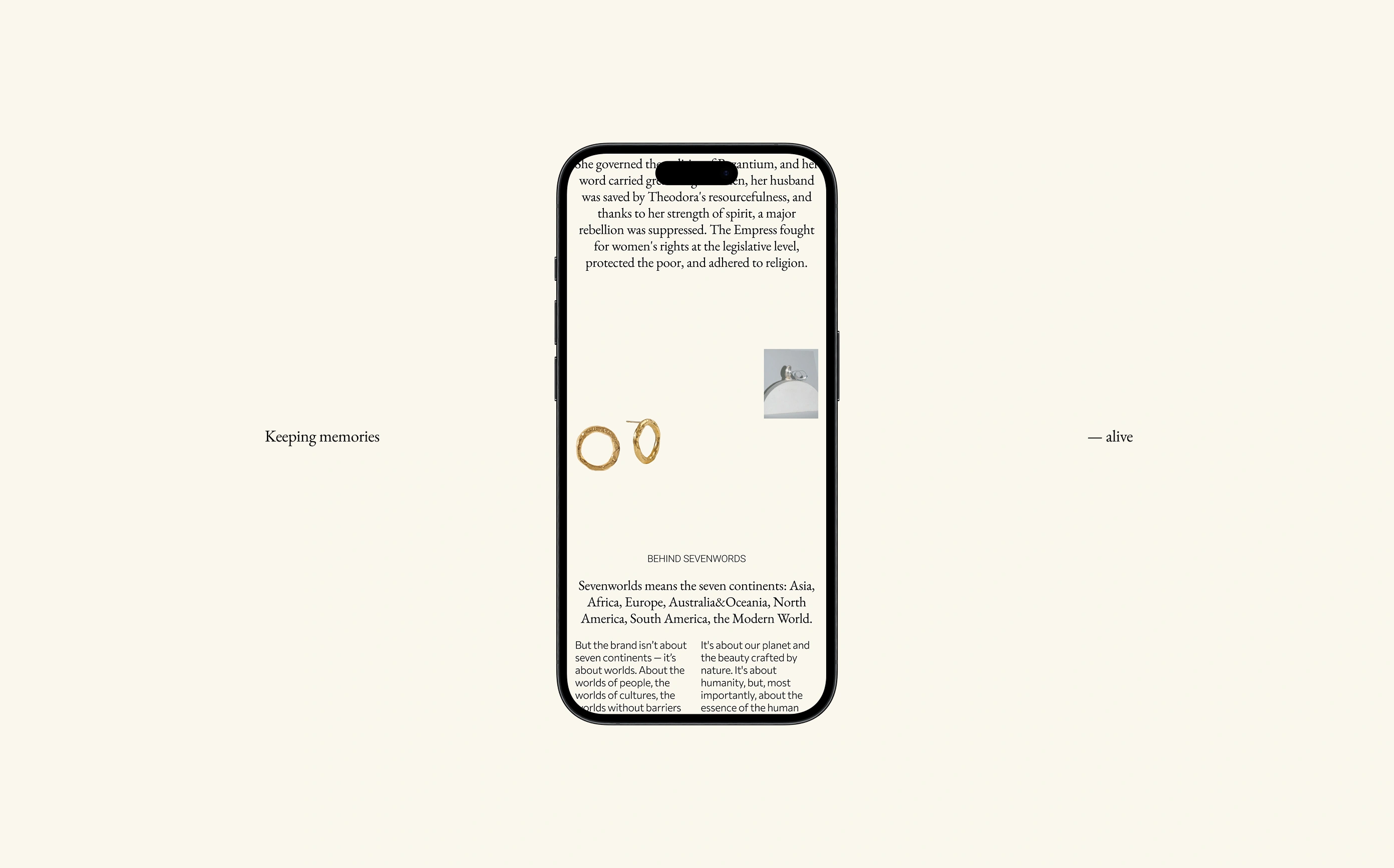 Sevenworlds mobile site — editorial jewelry product story