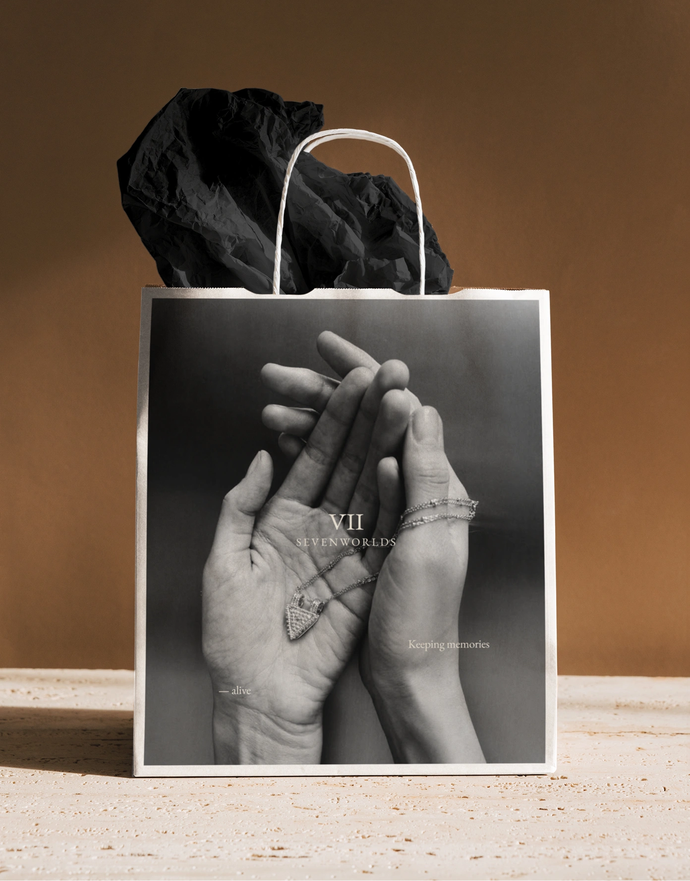 Sevenworlds shopping bag — brand photography with jewelry hands