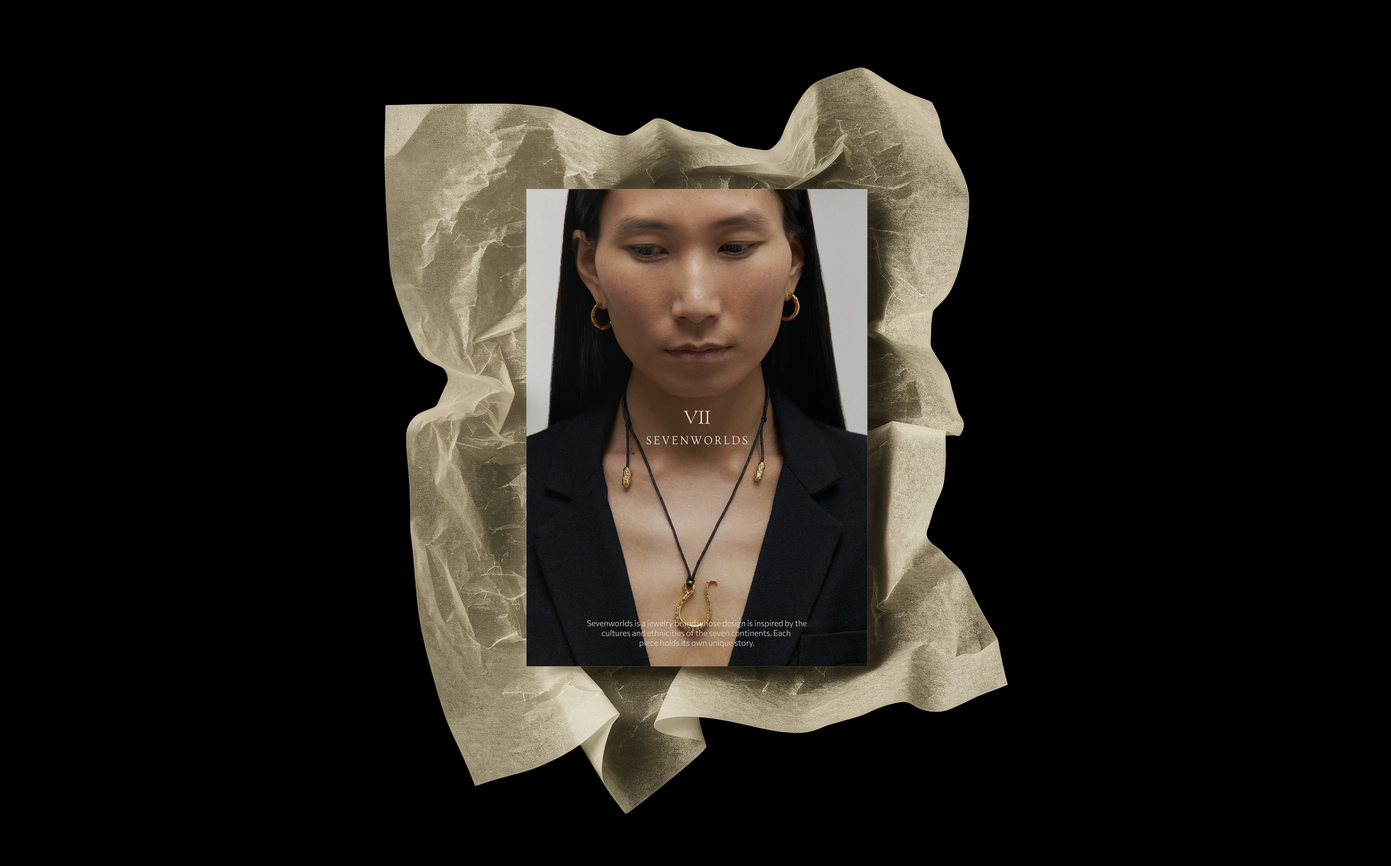 Brand poster — editorial jewelry portrait with layered necklaces