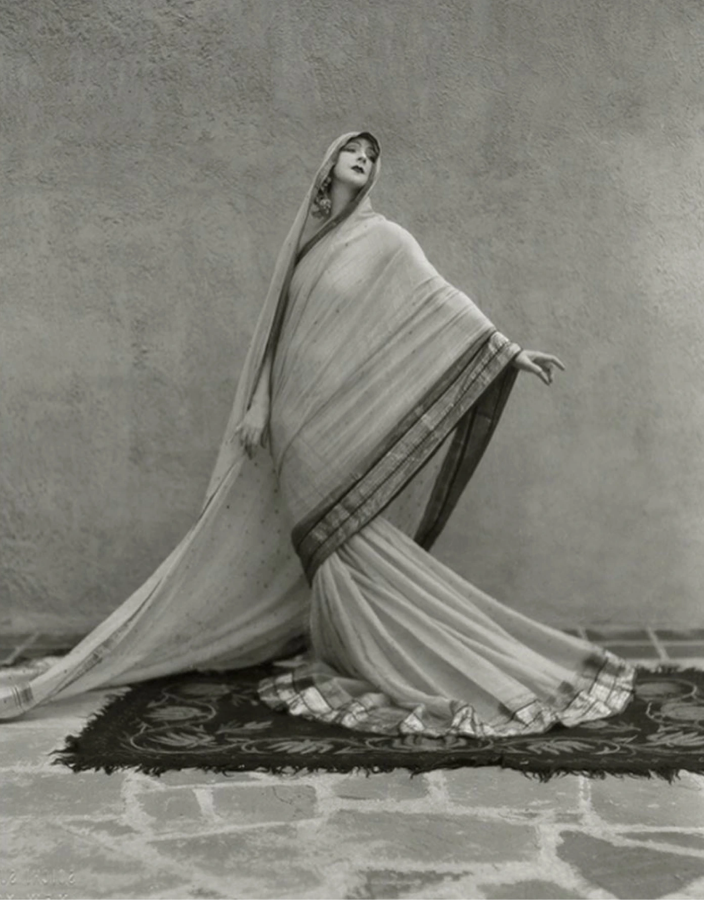 Fashion moodboard still — draped gown, monochrome texture