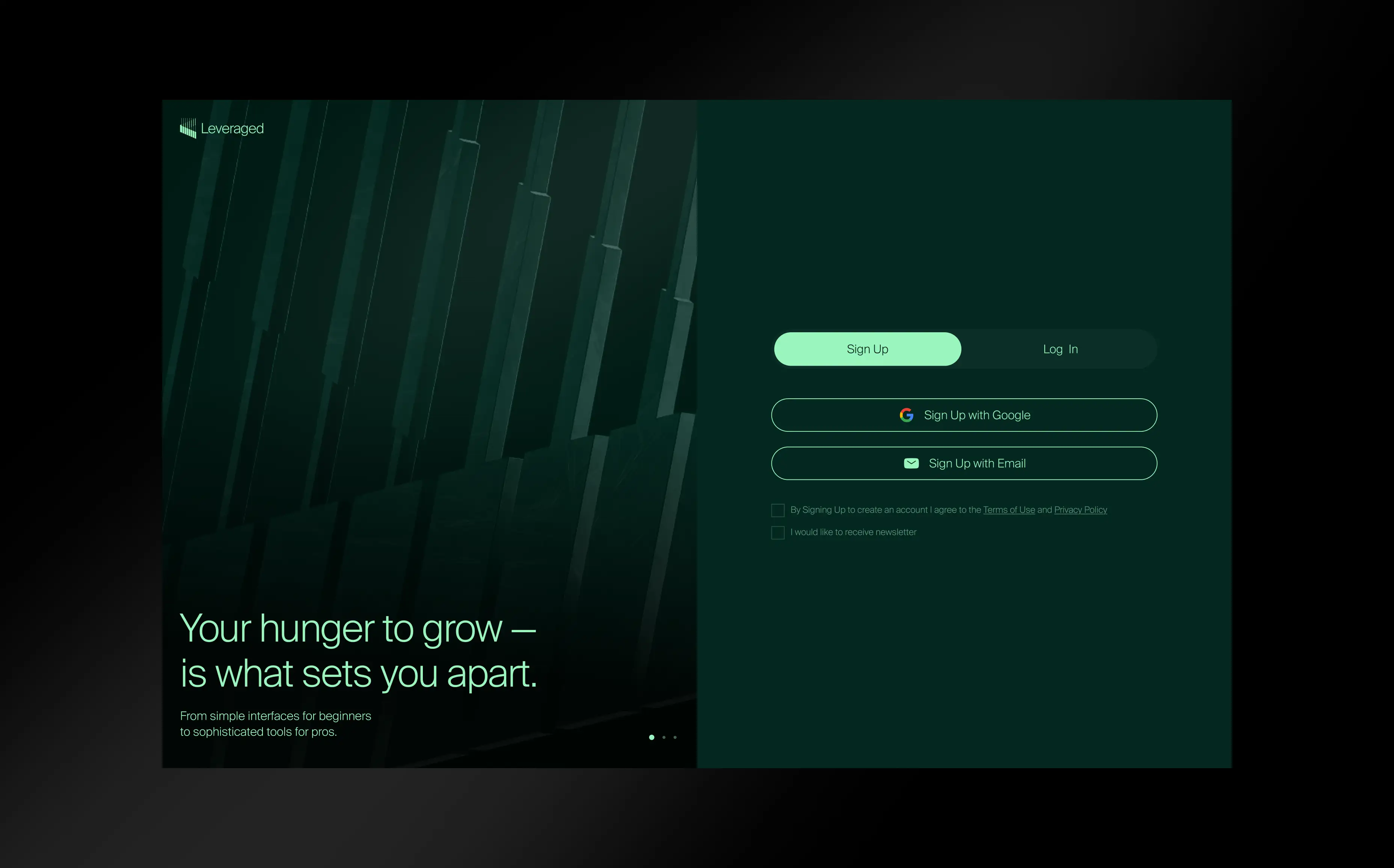 Fintech platform sign up interface design
