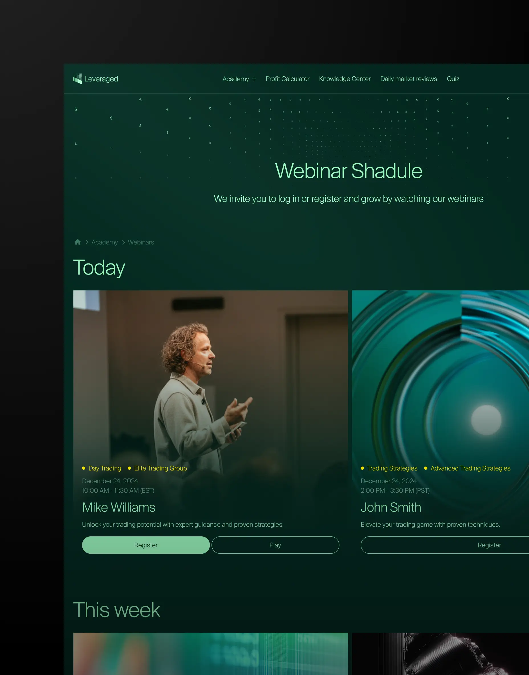 Fintech webinar schedule web interface