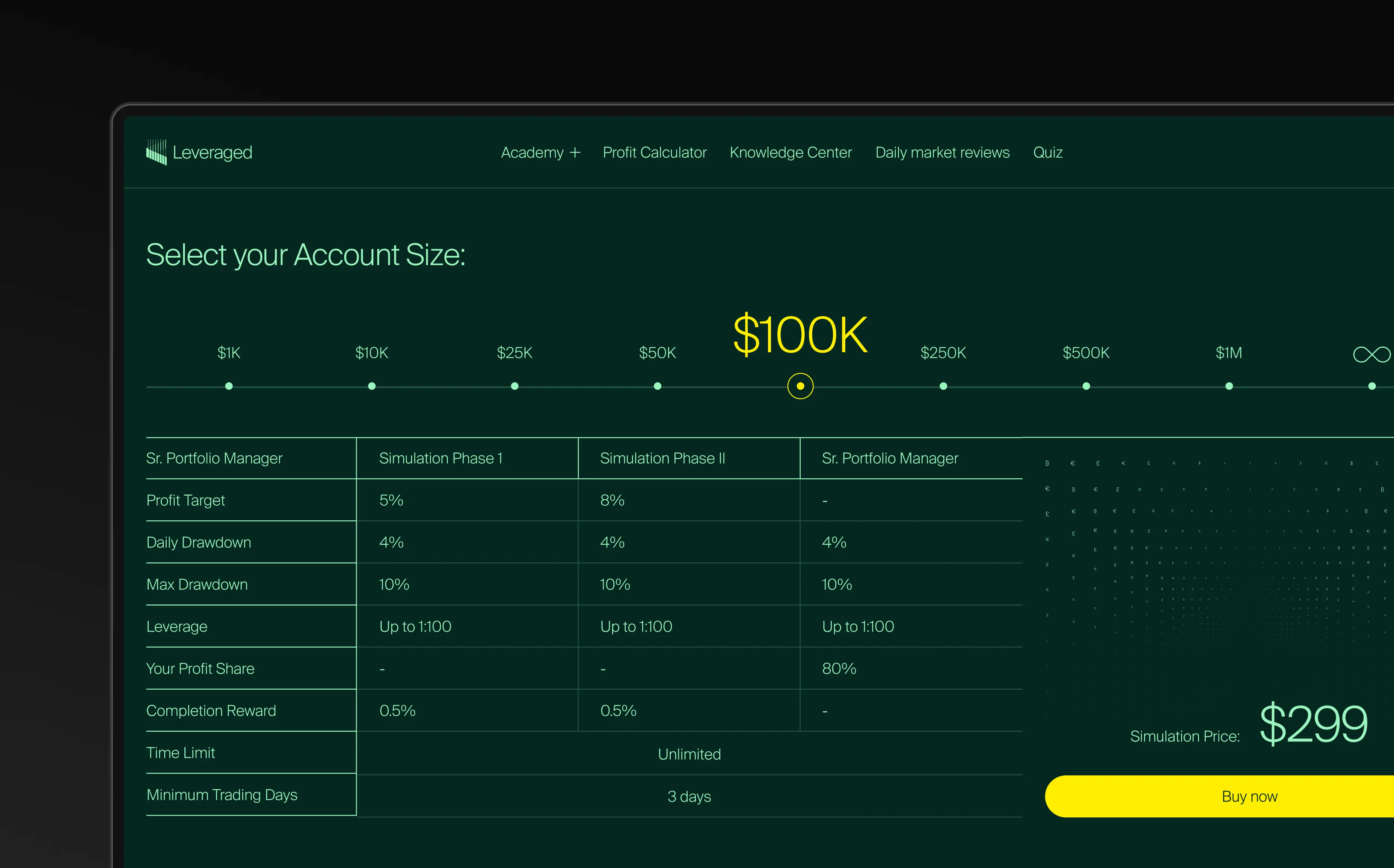 Investment account size selection interface