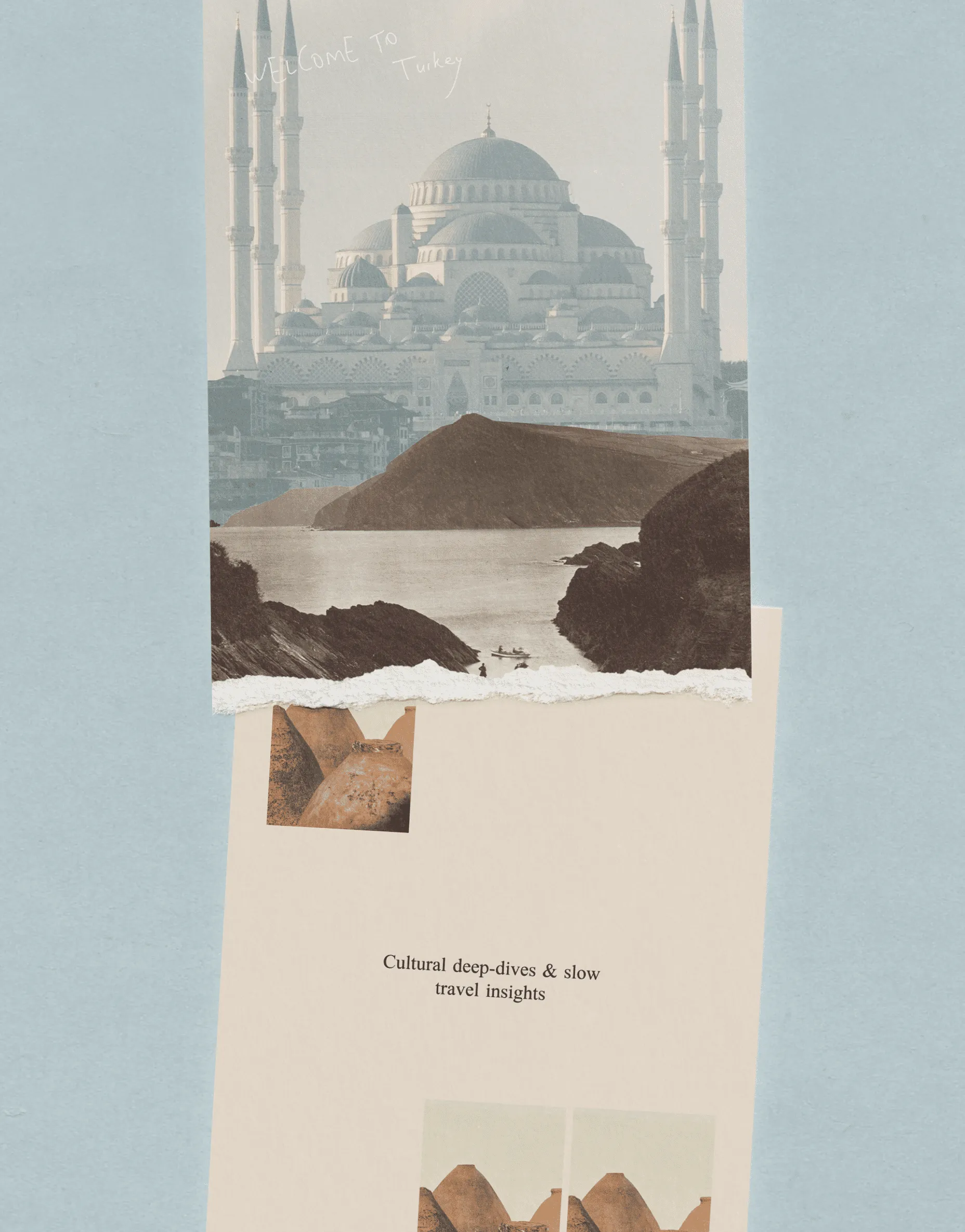 Poster mockup with an Istanbul skyline collage and the text “Cultural deep-dives & slow travel insights”.