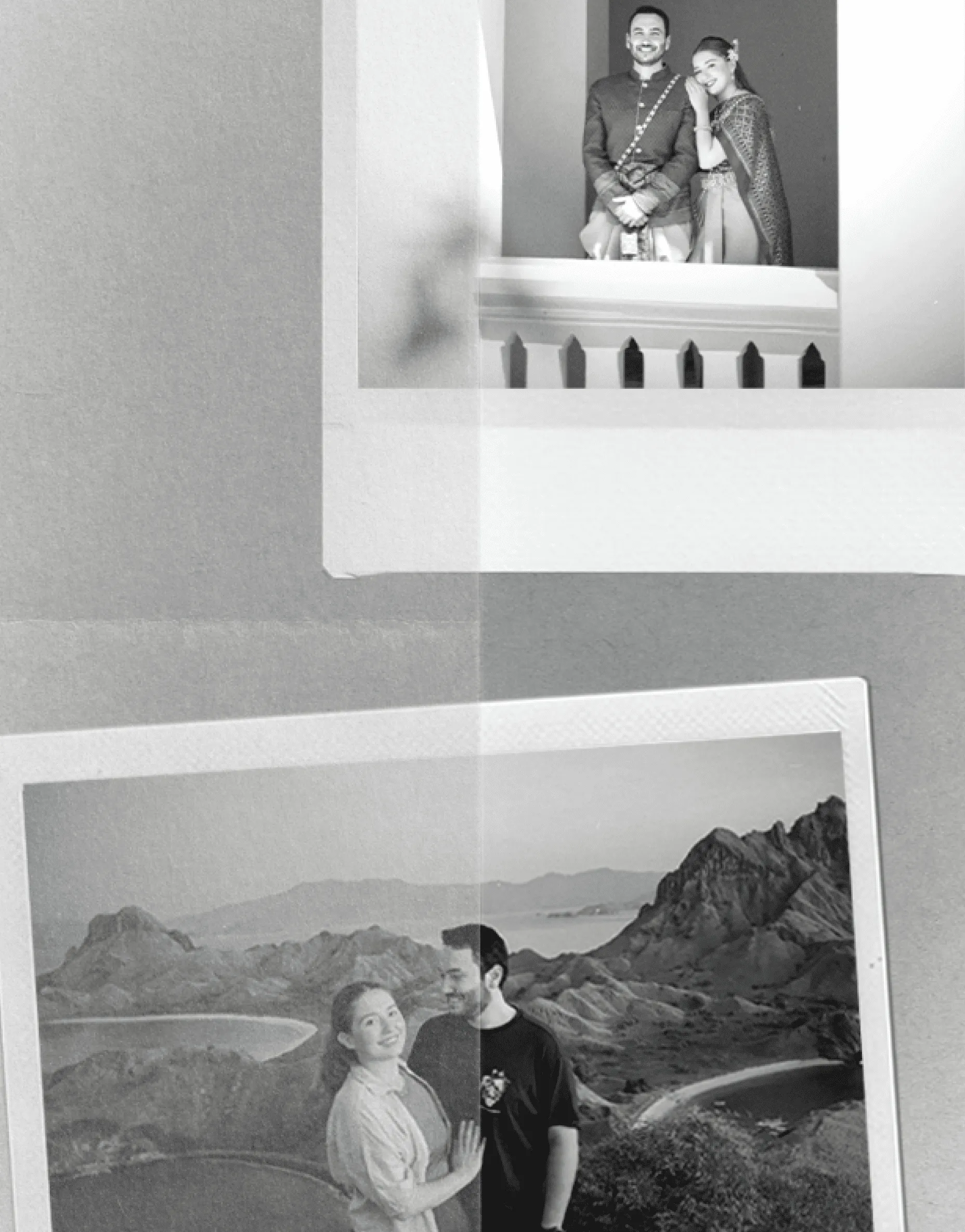 Black-and-white photo collage with portraits and a landscape scene.