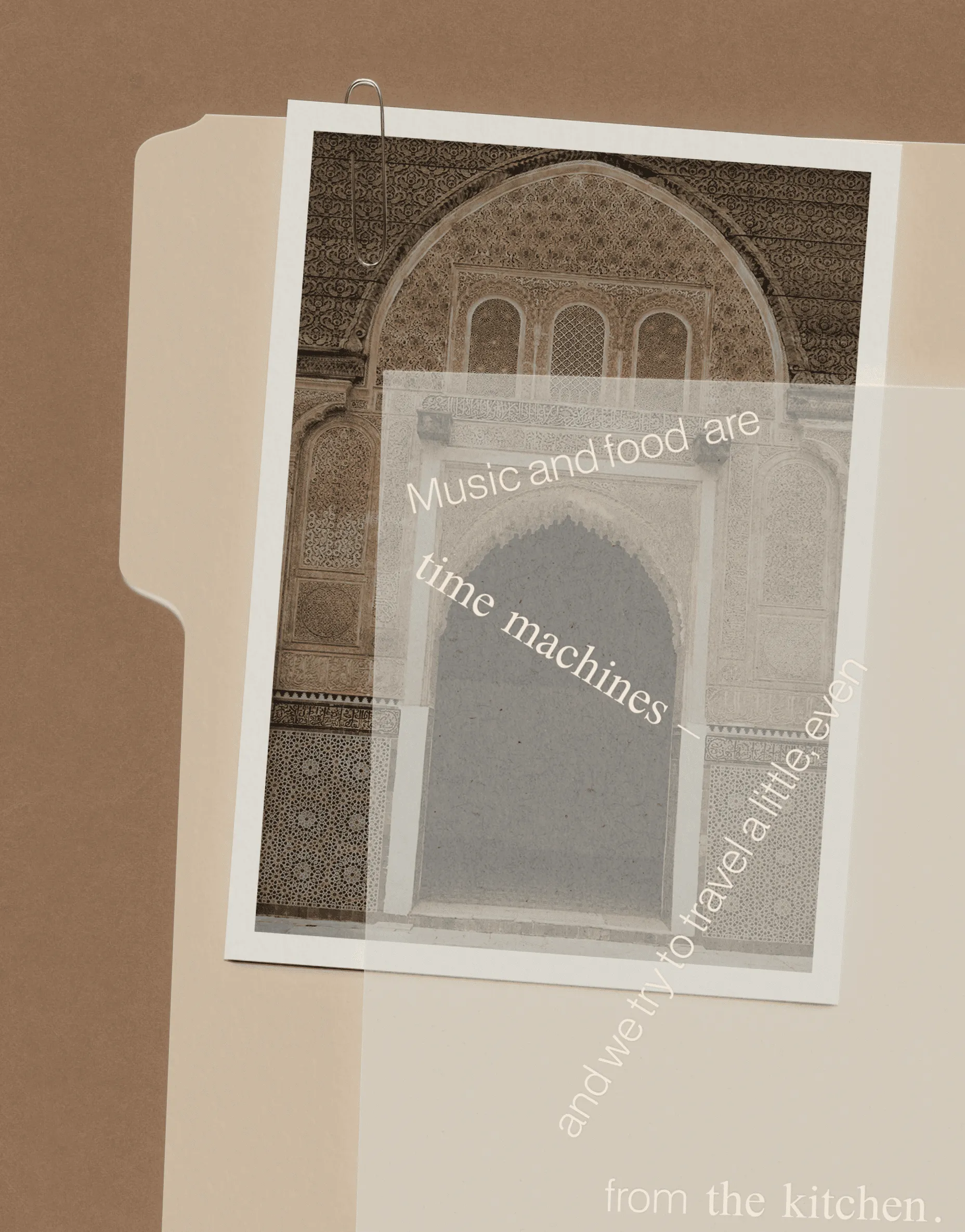 Transparent folder with printed brand textures and the phrase “from the kitchen”.