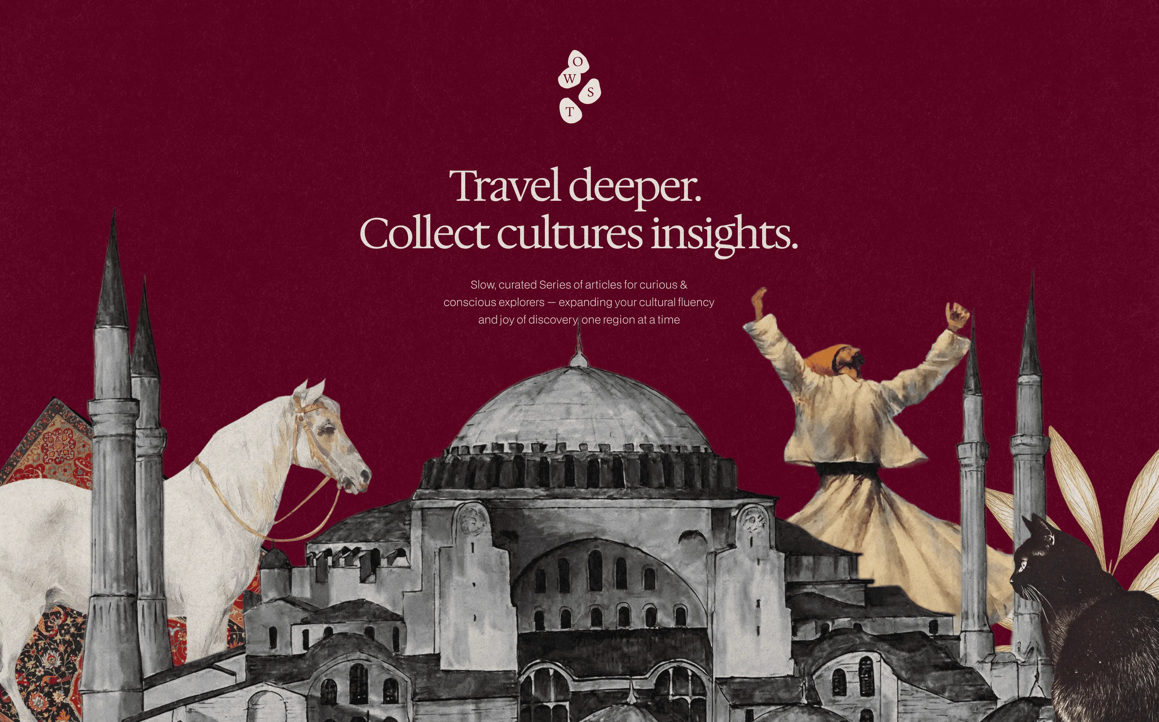 Collage illustration of a domed mosque, a dervish, a horse and a cat.
