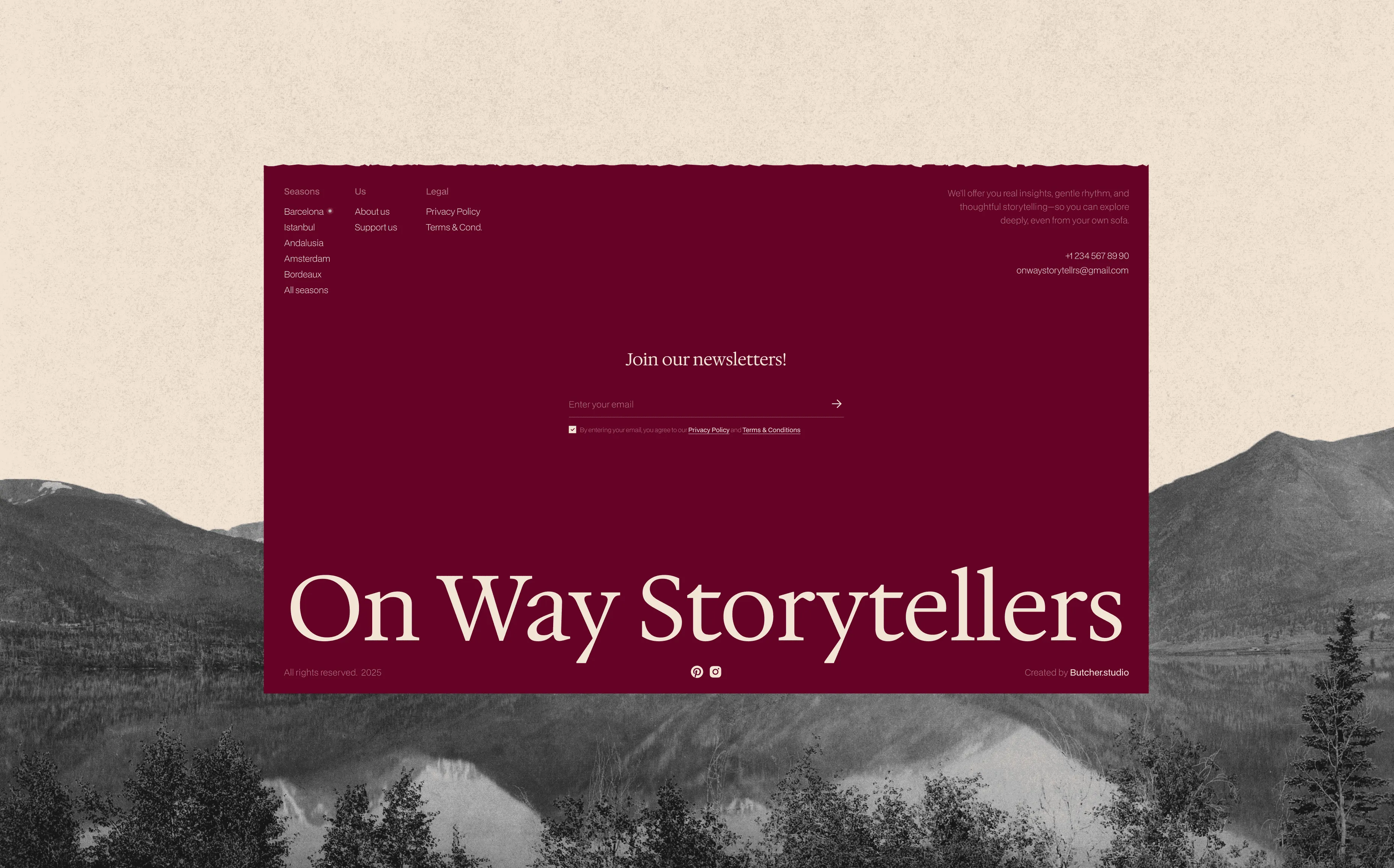 Website hero reading “On Way Storytellers” over a mountain landscape.