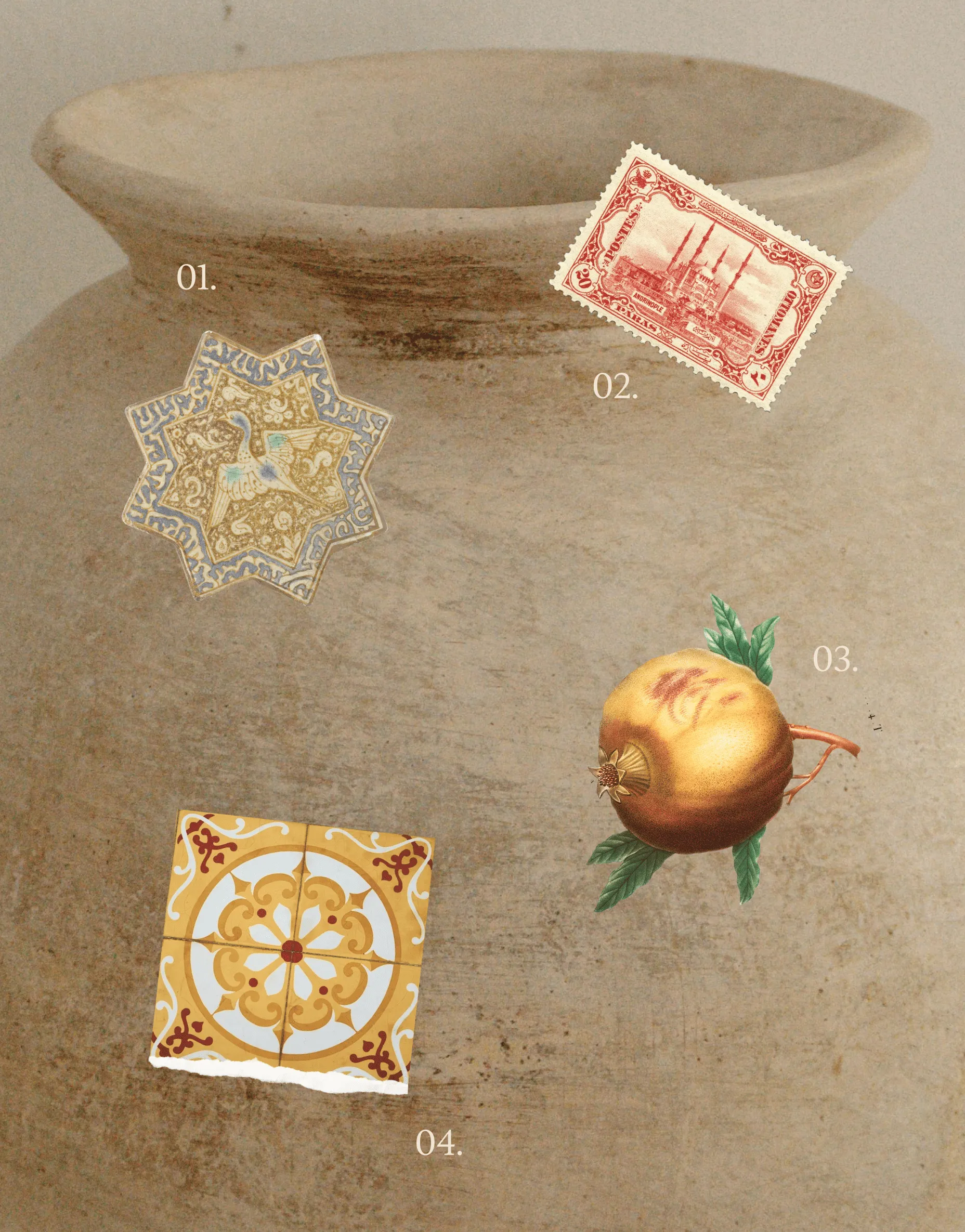 Postage-stamp style collage elements arranged on textured paper.