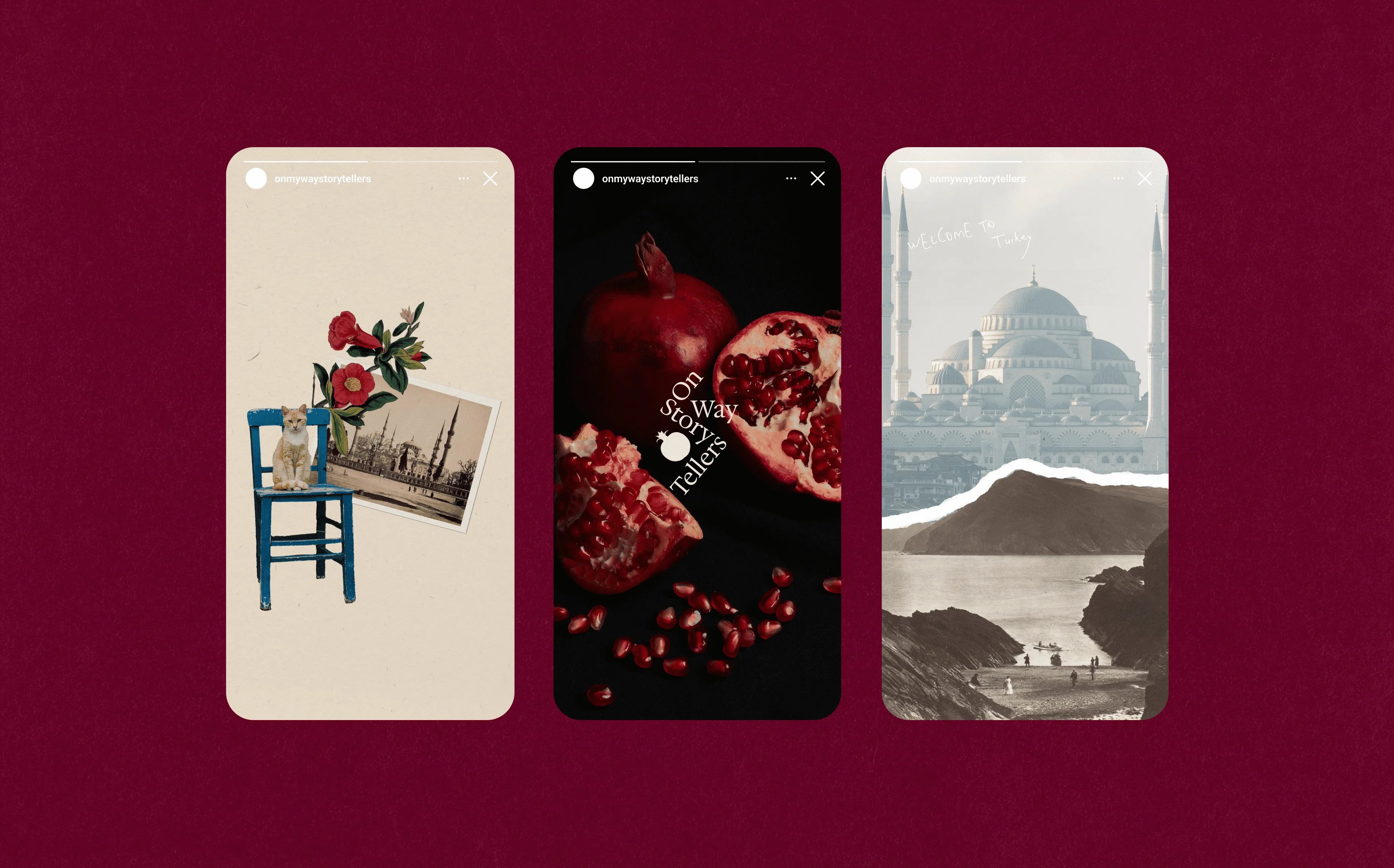 Set of three story-style mobile screens with collage visuals.