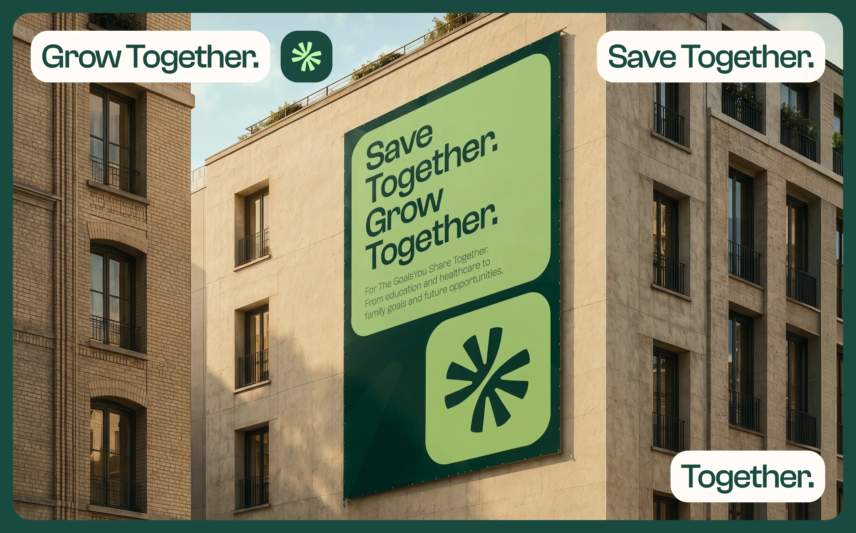 Faïda billboard on a building facade: Save Together. Grow Together.