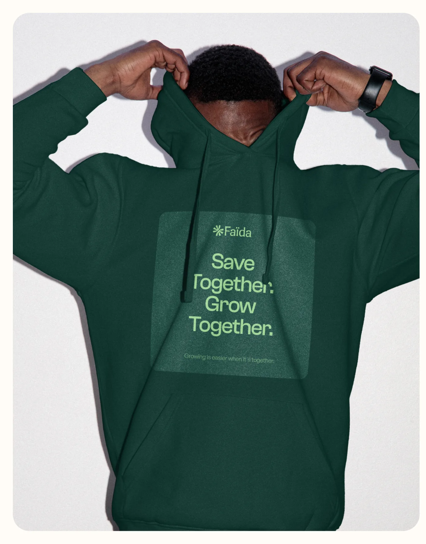 Green hoodie with Save Together. Grow Together. print