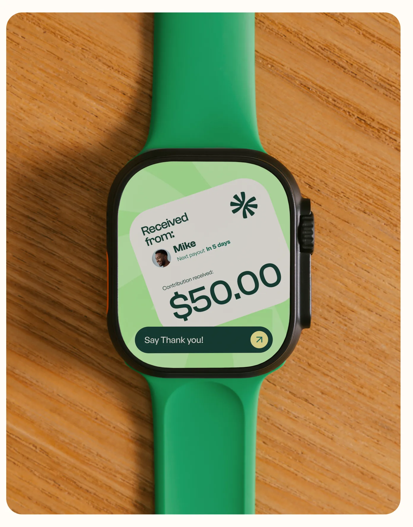 Smartwatch showing a Faïda payment received from Mike, $50