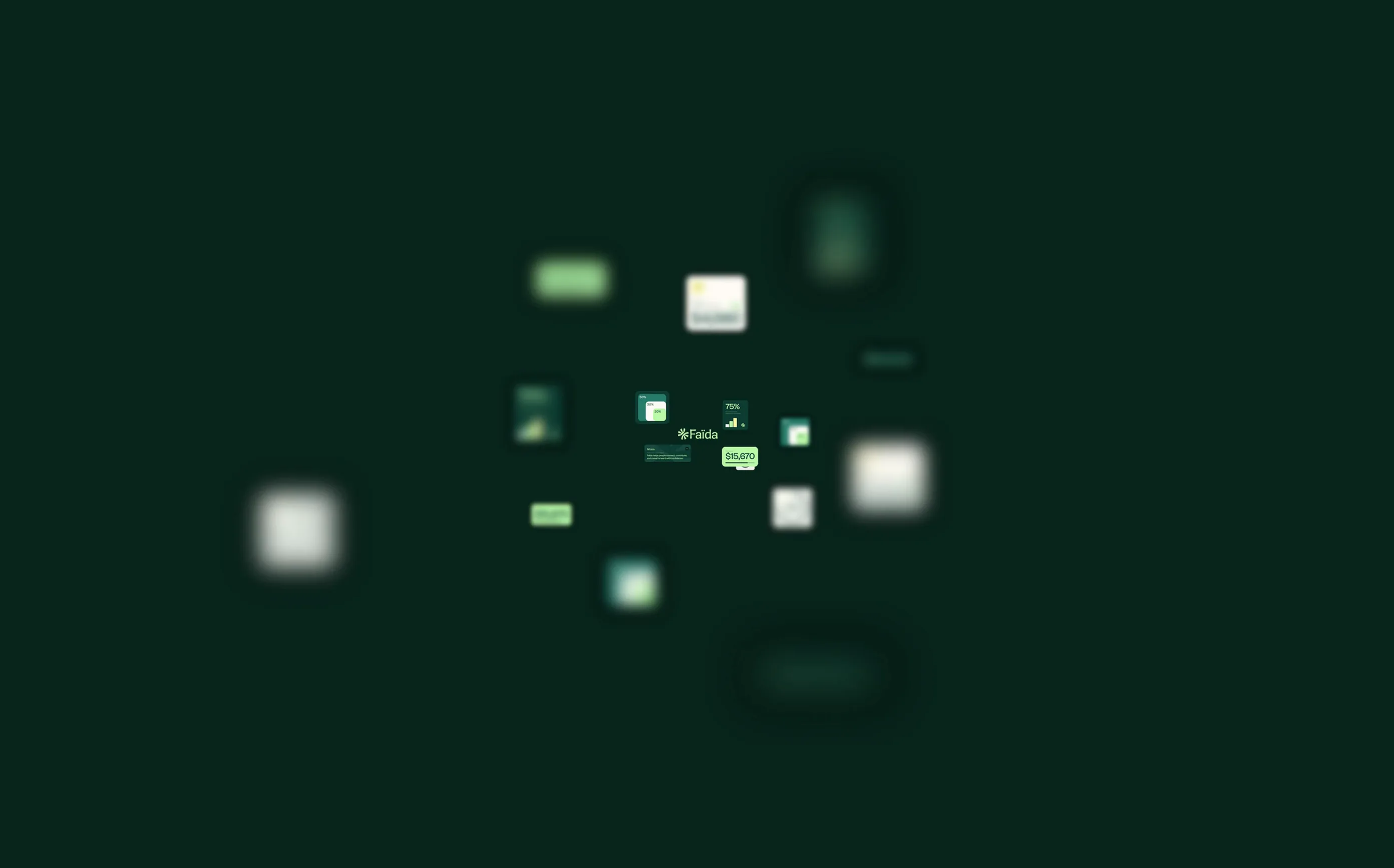 Faïda brand elements floating on a dark green background