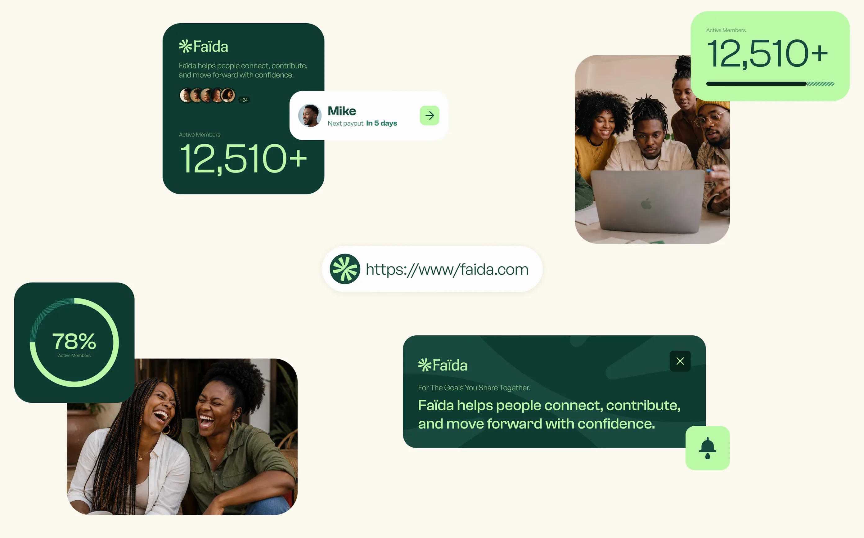 Faïda savings circle interface with member cards and notifications