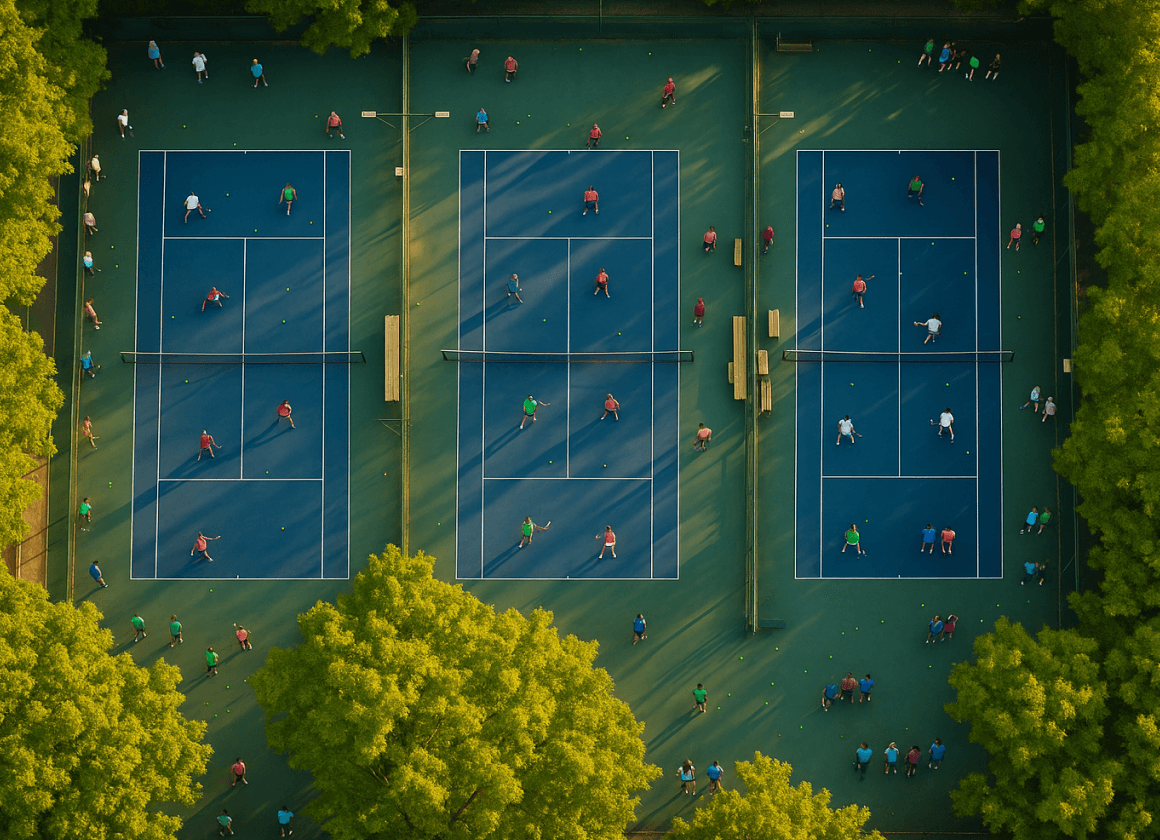 Aerial view of three blue tennis courts surrounded by green trees with many people playing tennis and practicing on the courts and around them.