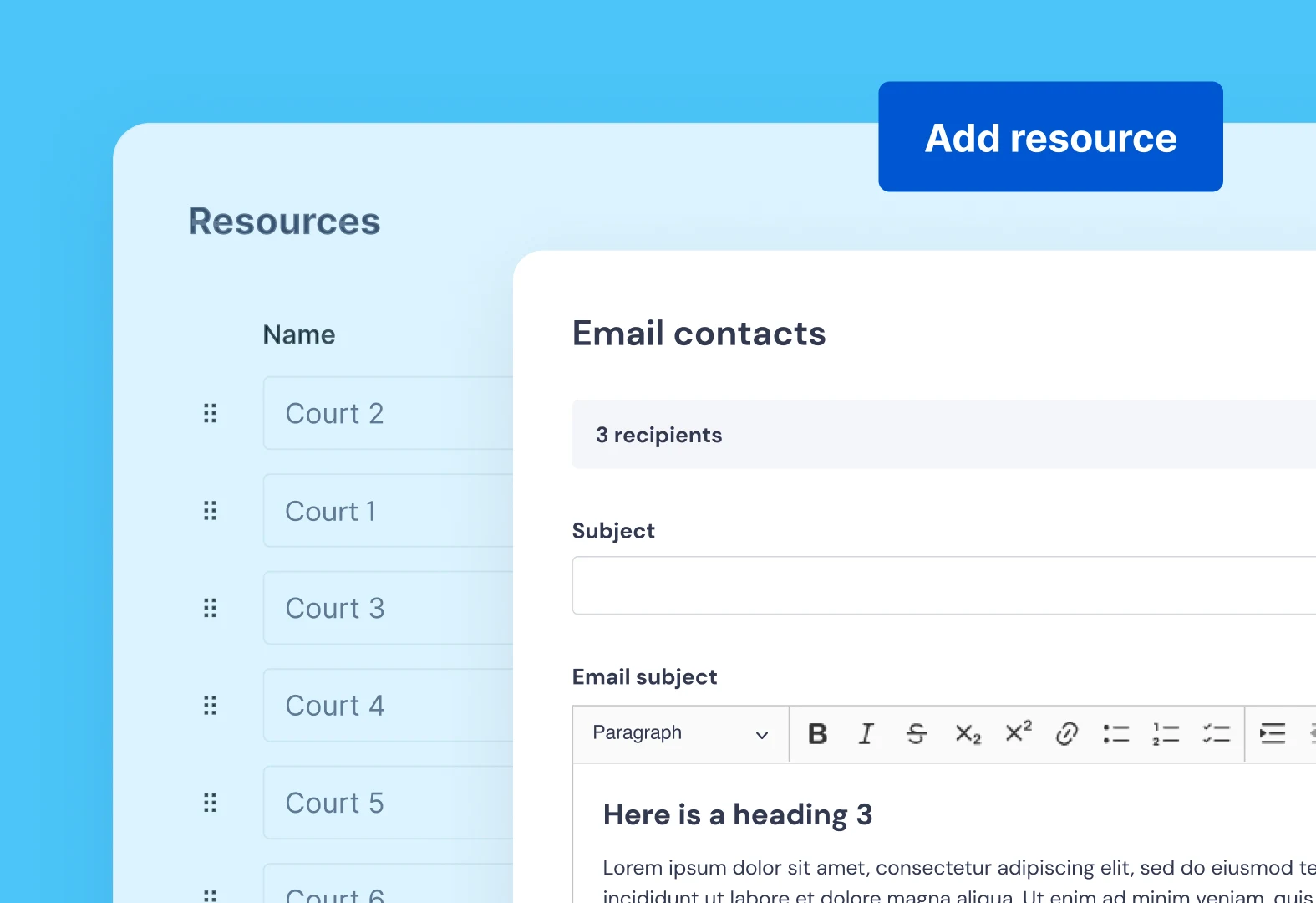 User interface showing a resource list with courts and an email contacts panel for adding recipients and composing an email subject.