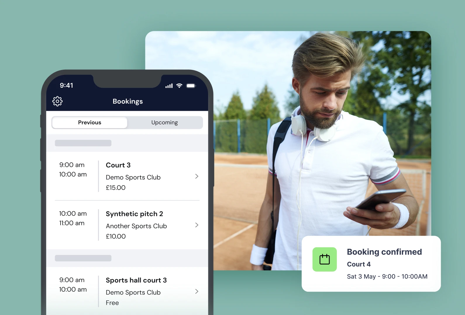 Man wearing a white polo shirt with headphones around his neck looking at his phone on a tennis court, next to a phone screen showing confirmed and previous sports bookings.