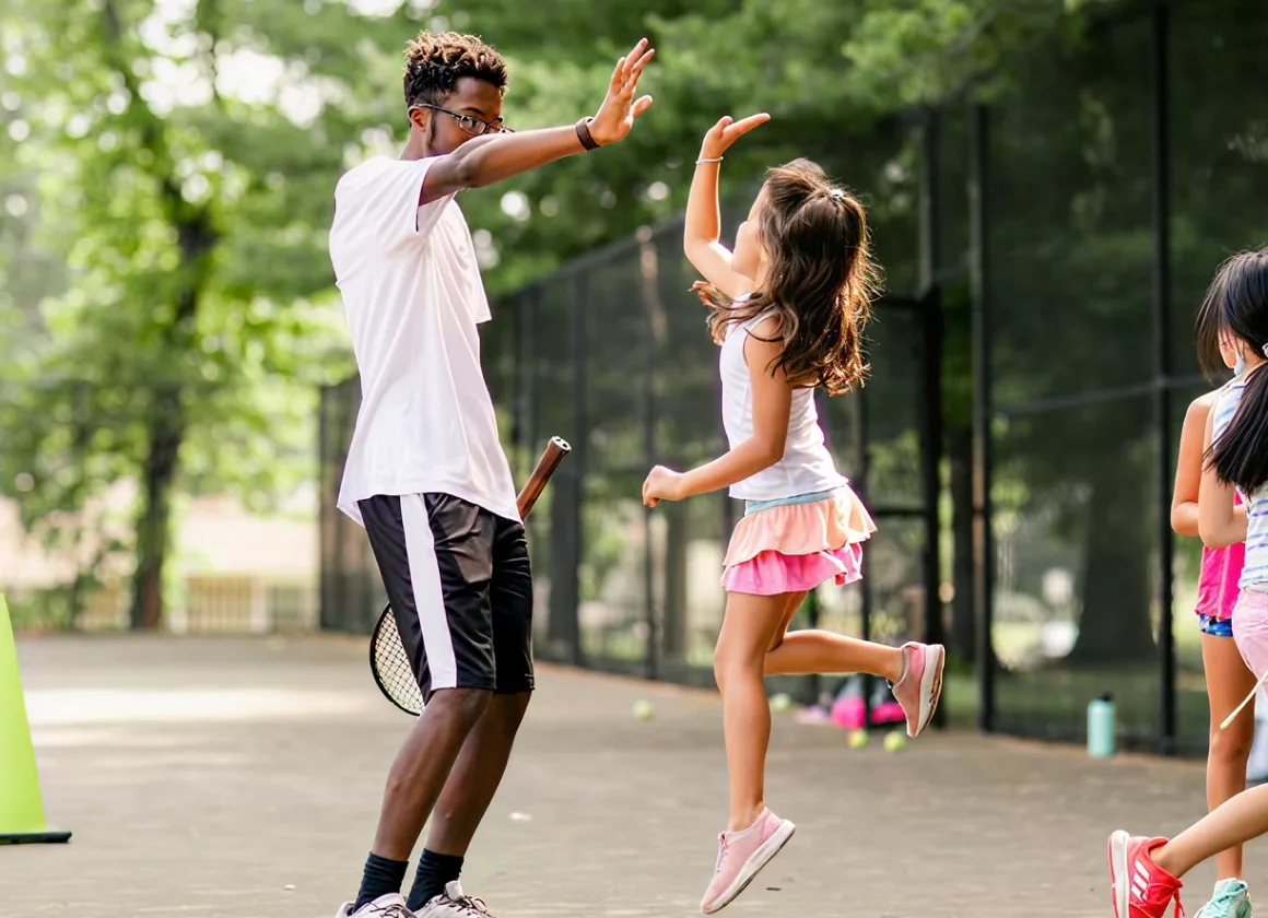 Young man and girl giving a high-five on an outdoor tennis court with other children nearby.